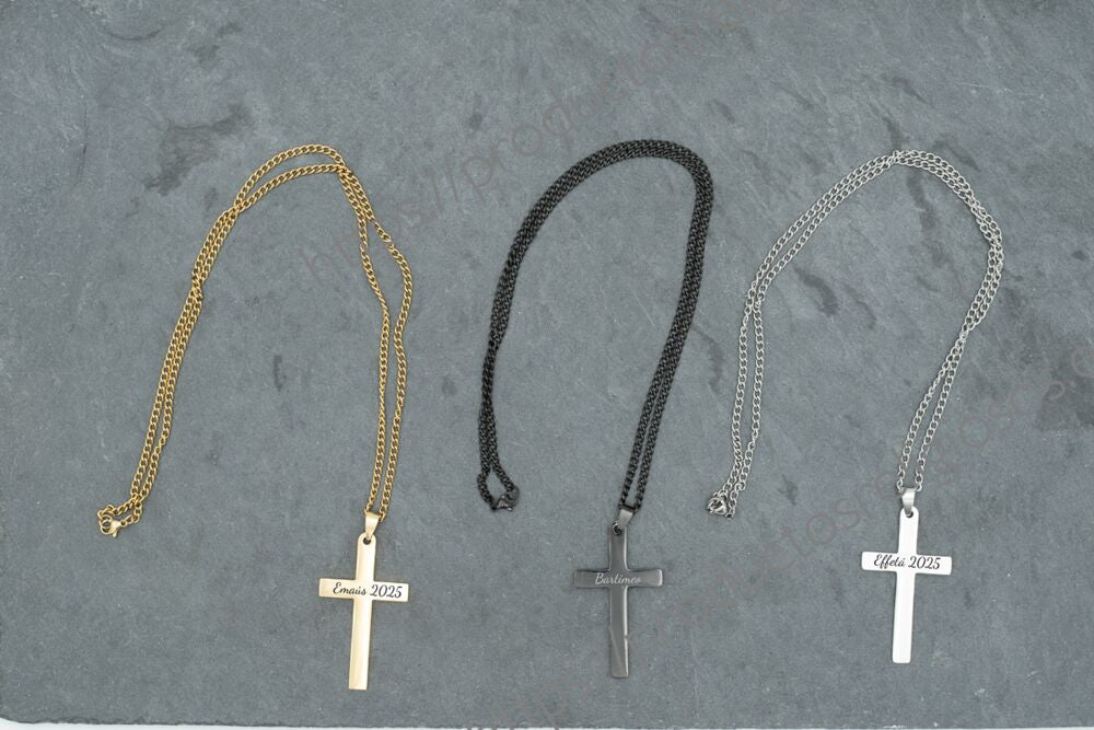 Collar Cruz Grabado y Personalizado (plano ambas caras) 54mm x 31mm Plano