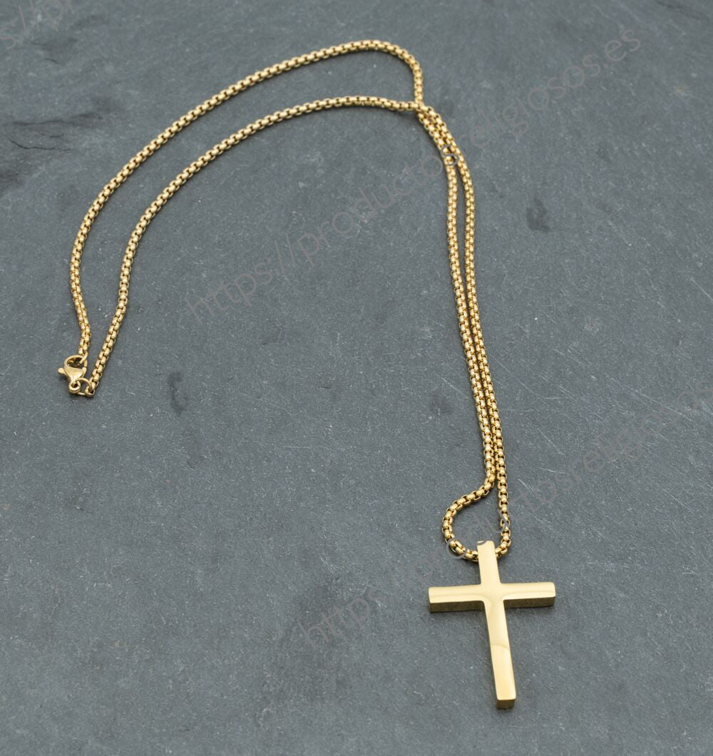 Collar Cruz Grabado y Personalizado (plano ambas caras) Dorado 40mm x 28mm Plano