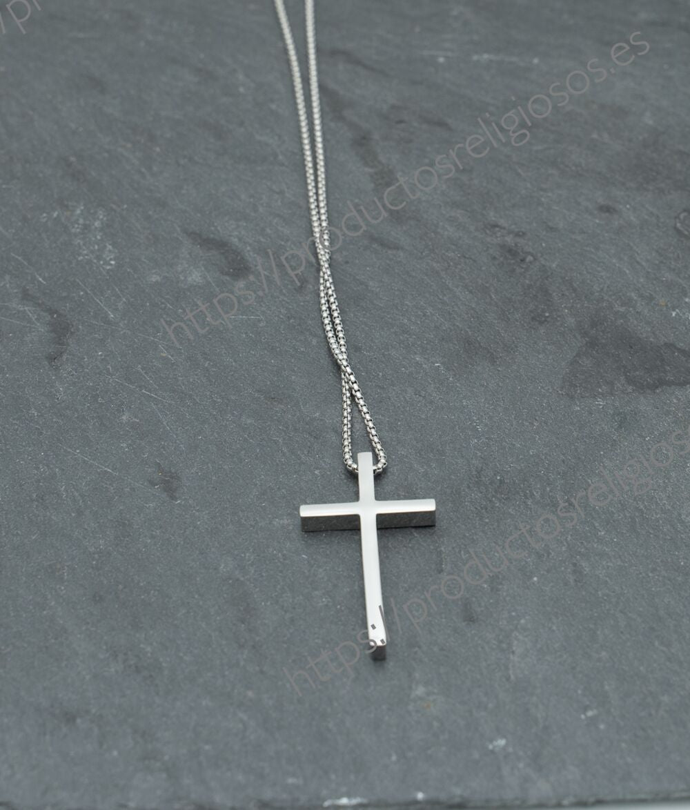 Collar Cruz Grabado y Personalizado (plano ambas caras) Plateado 50mm x 30mm Plana Estrecha