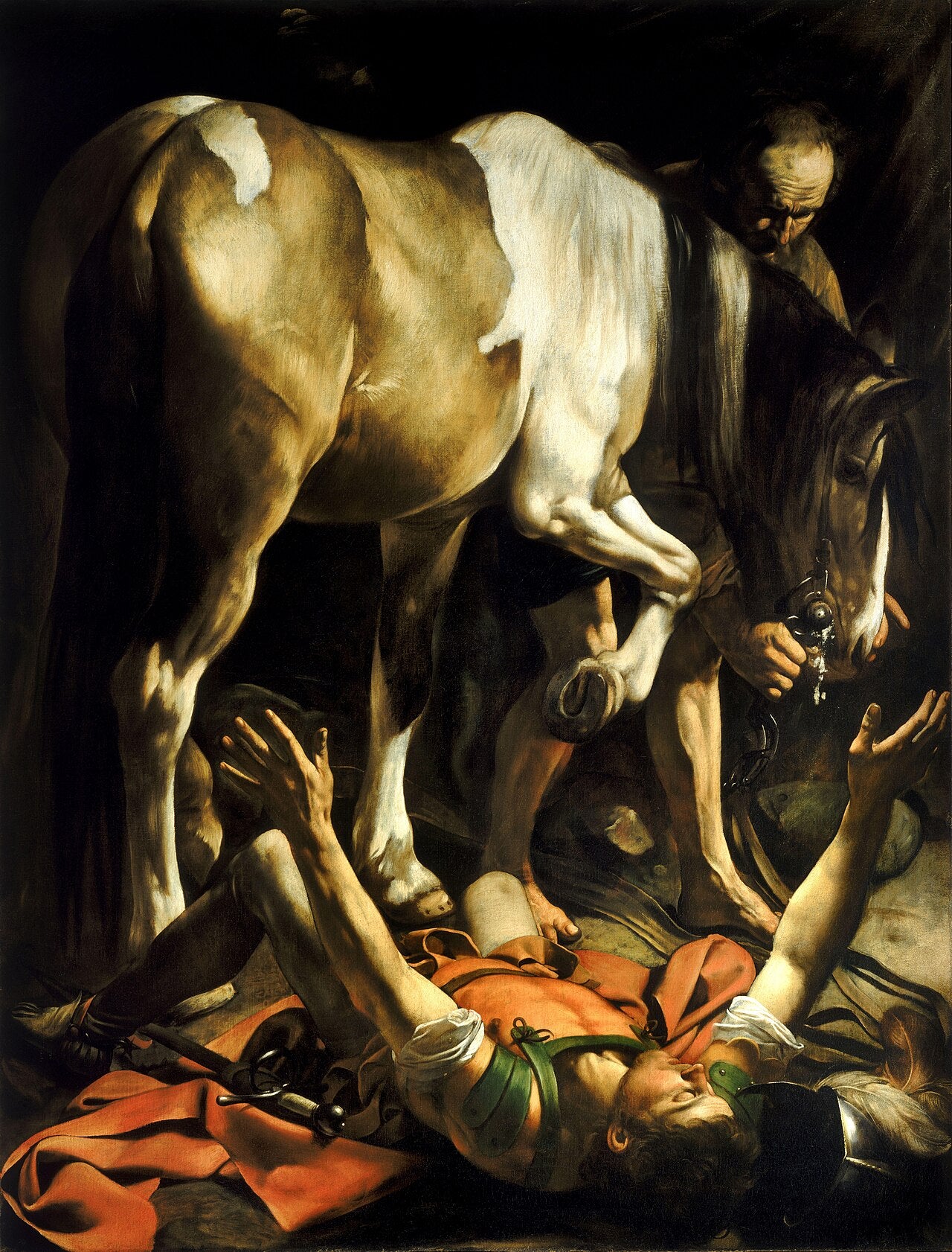 Pintura que representa la conversión de San Pablo en el camino a Damasco, con una figura tendida en el suelo y un caballo.