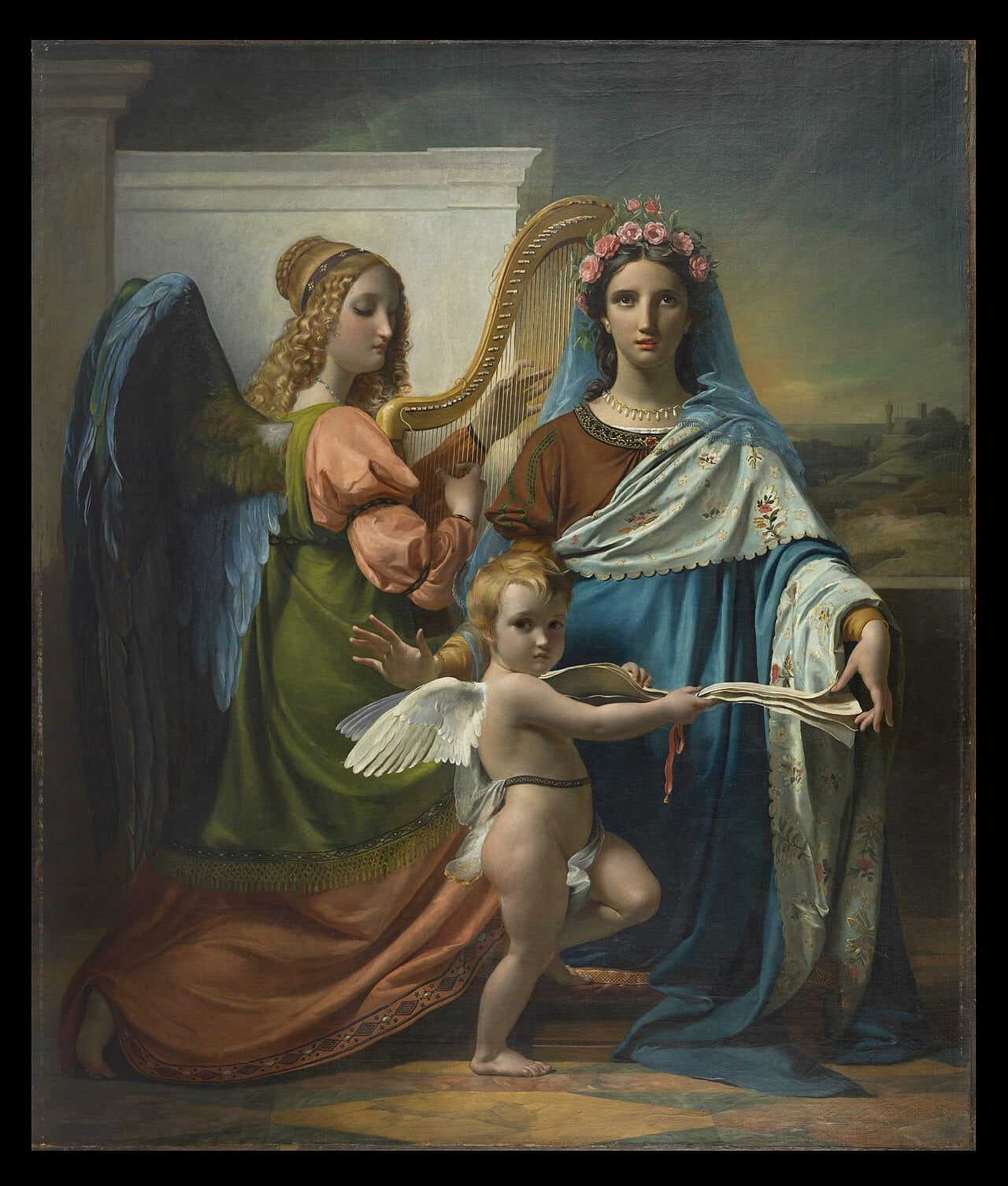Pintura al óleo que representa a Santa Cecilia de Roma tocando un instrumento musical.