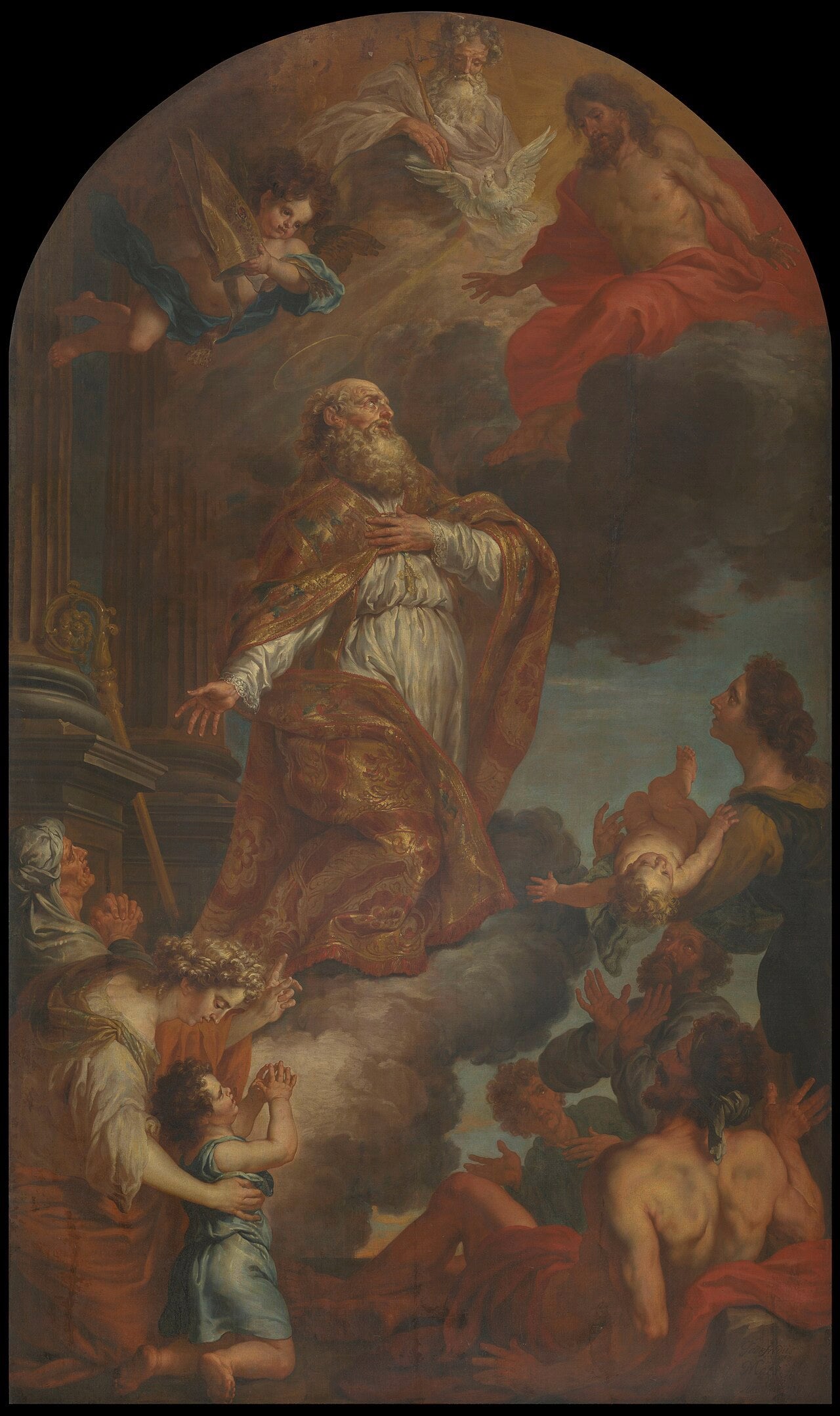 Pintura de San Nicolás de Mira vestido con vestiduras obispales, capa pluvial y báculo pastoral, acompañado por ángeles.