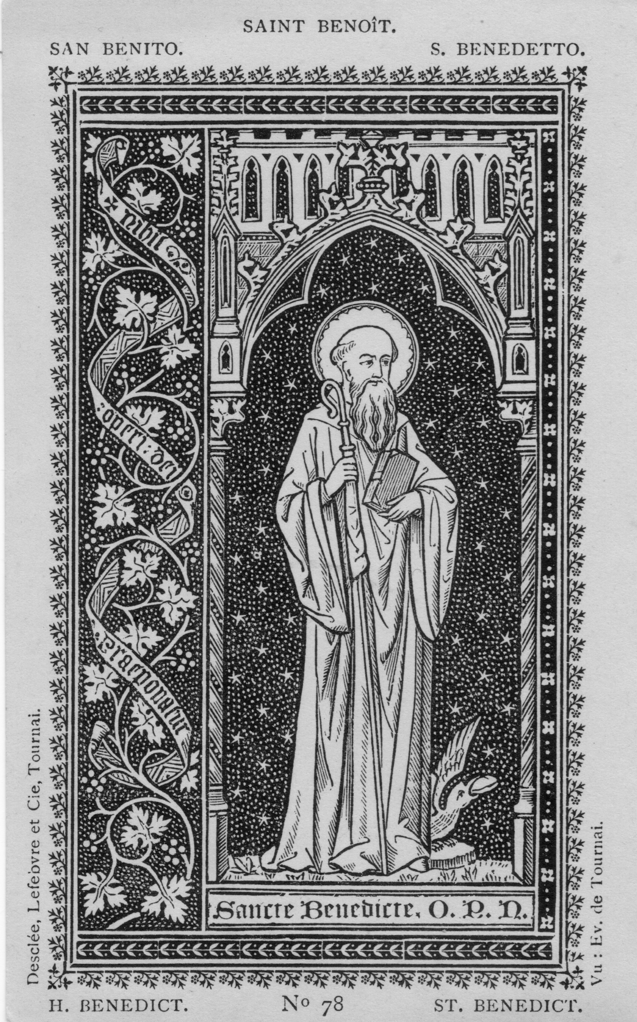 Ilustración religiosa de San Benito de Nursia de cuerpo entero sosteniendo un báculo pastoral y un libro.