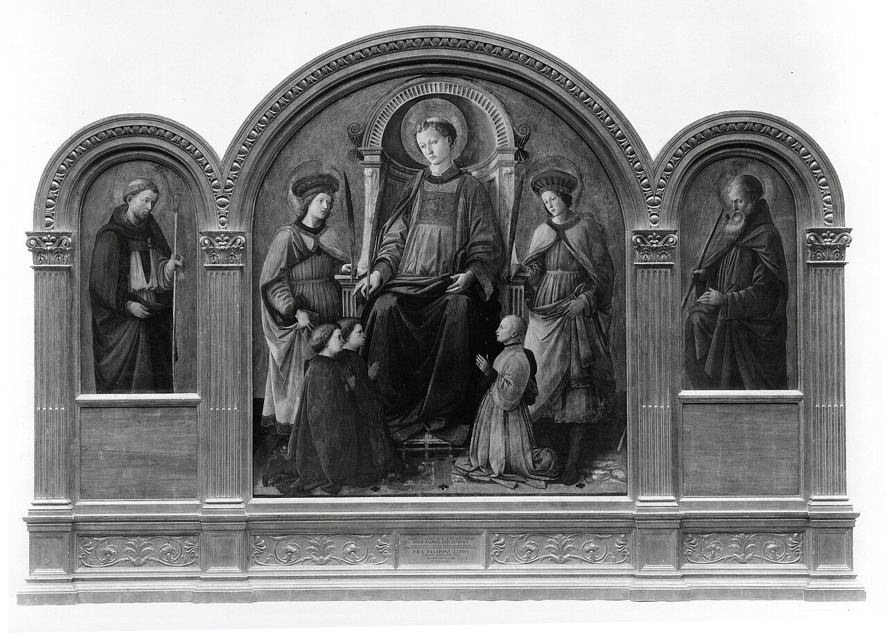 Pintura de altar que muestra a San Lorenzo entronizado rodeado de santos y donantes.