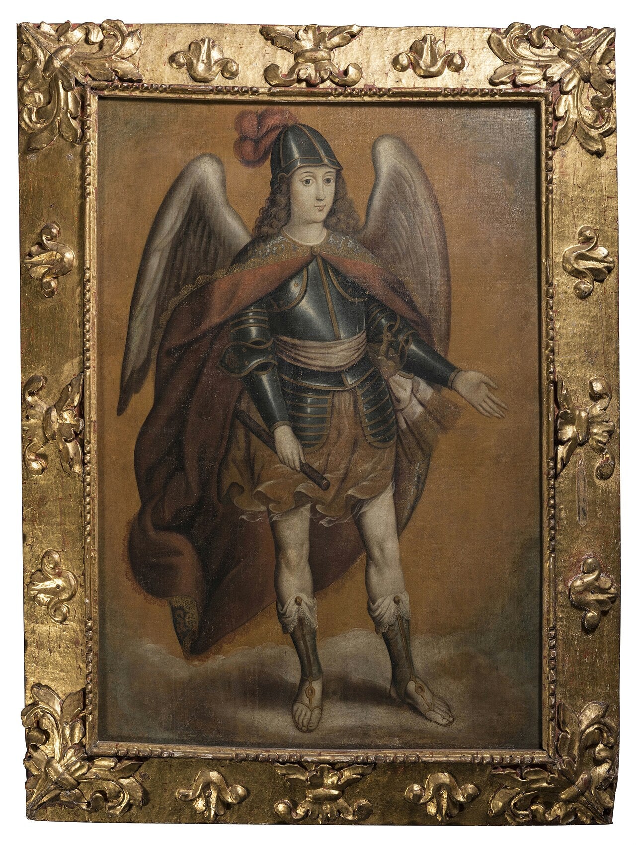 Pintura de San Miguel Arcángel con alas desplegadas, vestimenta militar clásica y espada