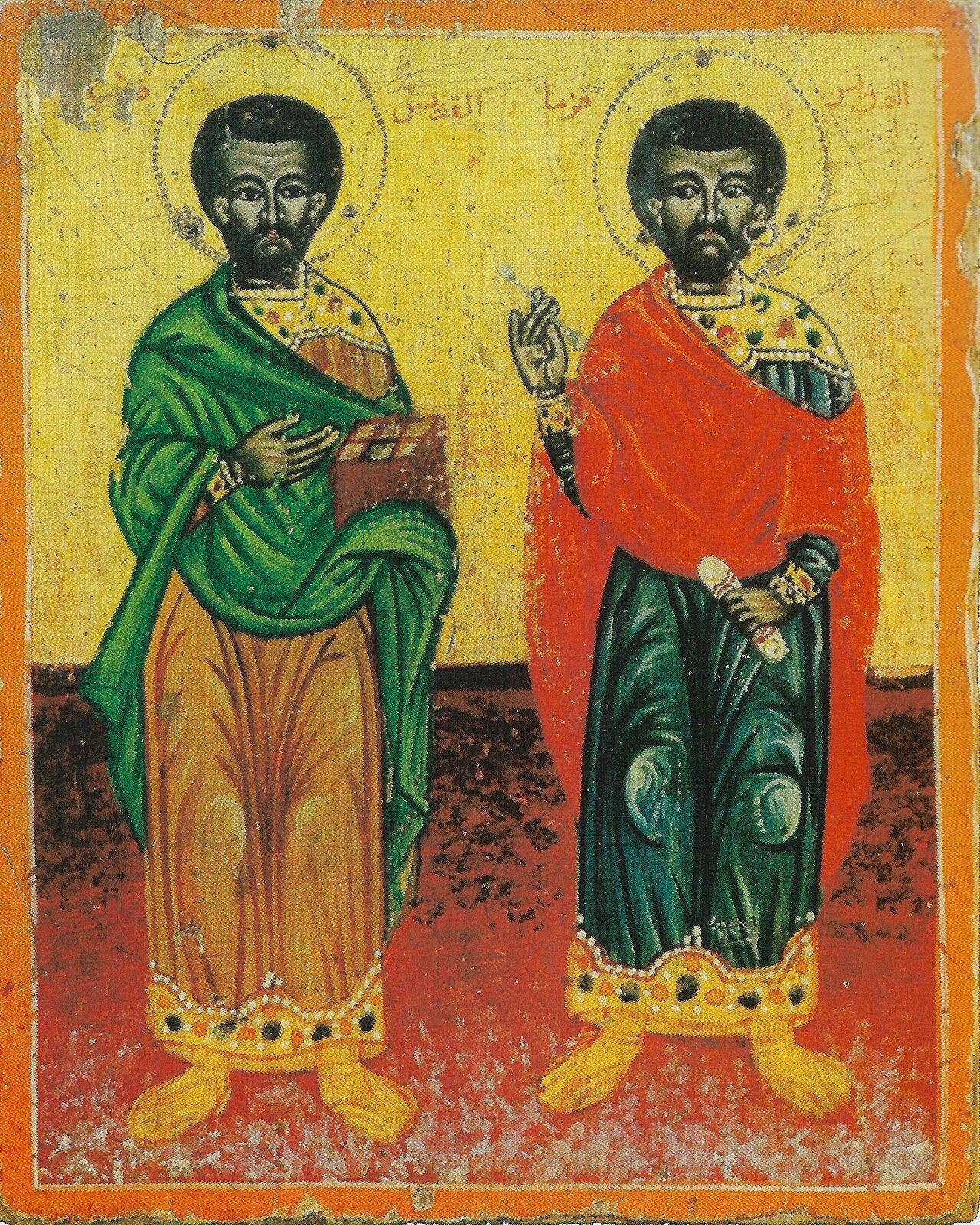 Icono religioso que representa a los santos Cosme y Damián de cuerpo entero sosteniendo instrumentos médicos