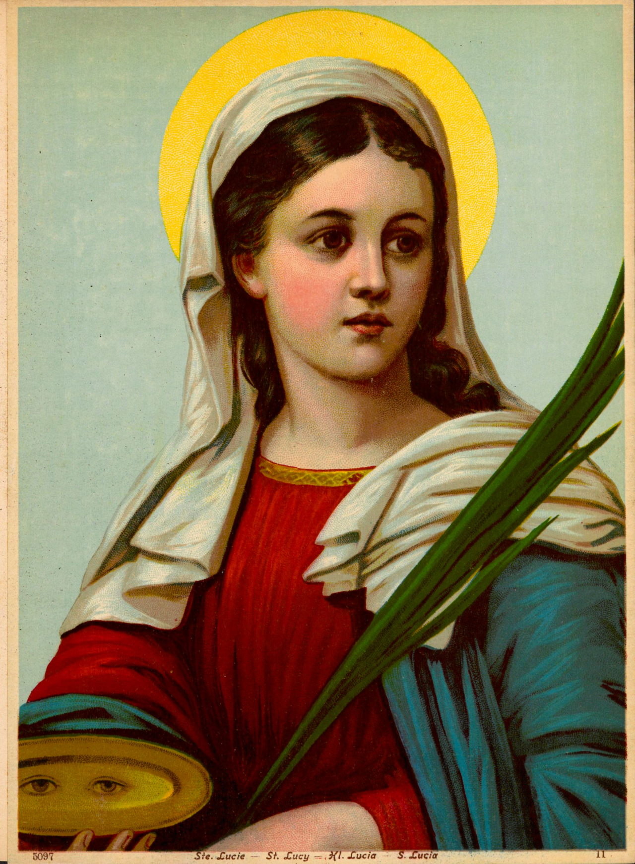 Ilustración de Santa Lucía sosteniendo una palma de mártir y un plato con dos ojos.