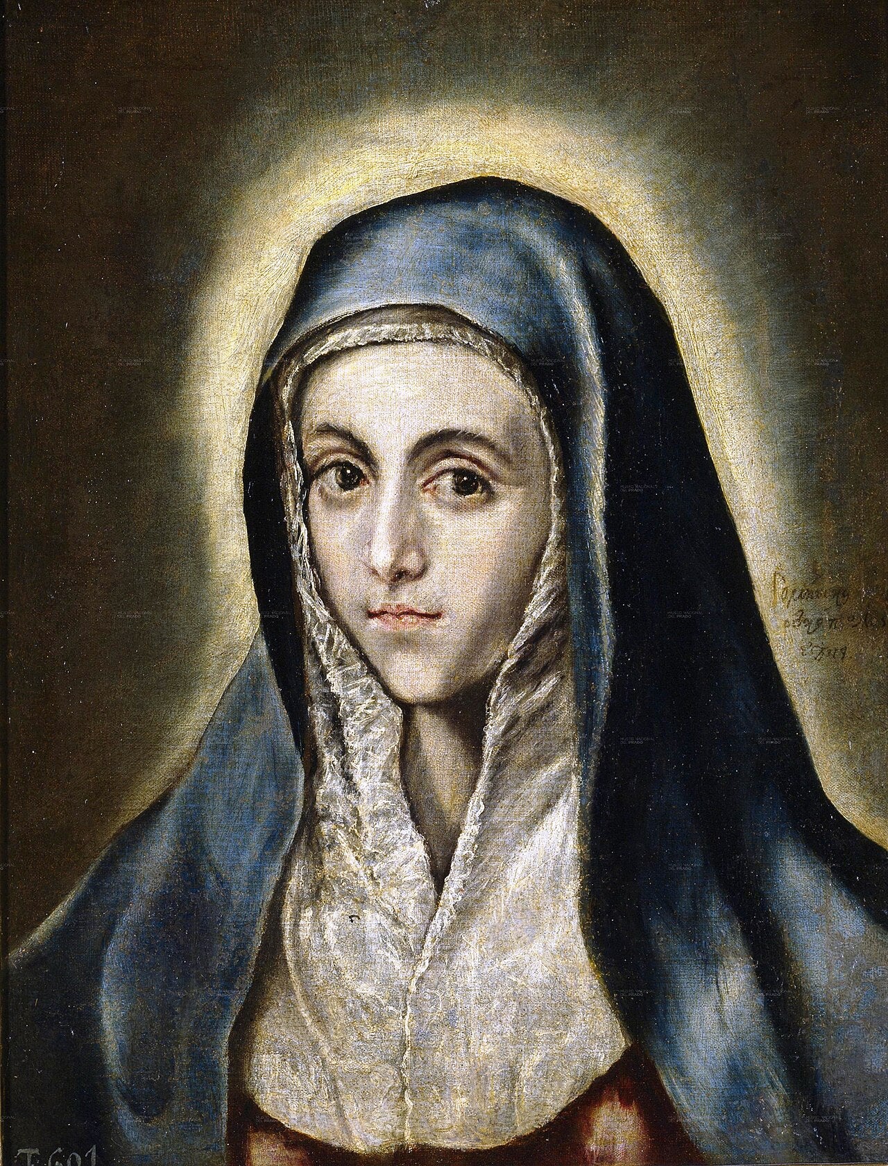 Pintura al óleo que muestra un retrato en primer plano de la Virgen María con la cabeza cubierta por un manto oscuro.