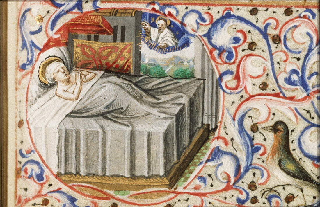Miniatura medieval que representa el sueño y la visión de San Martín de Tours con la aparición de Cristo portando la capa.