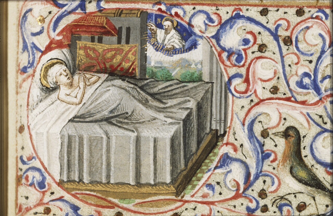 Miniatura medieval que representa el sueño y la visión de San Martín de Tours con la aparición de Cristo portando la capa.