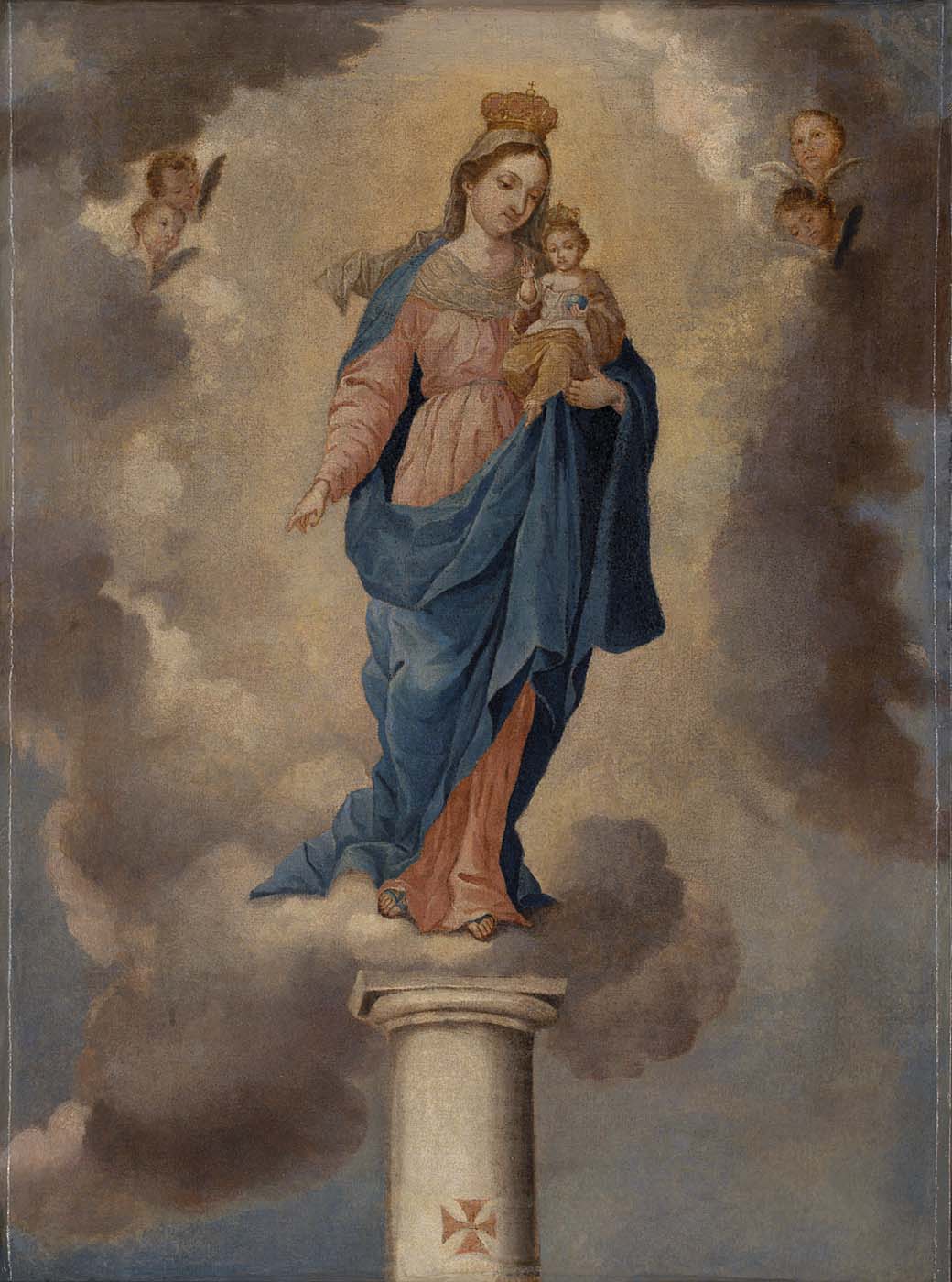 Pintura de Nuestra Señora del Pilar con el Niño Jesús sobre una columna o pilar