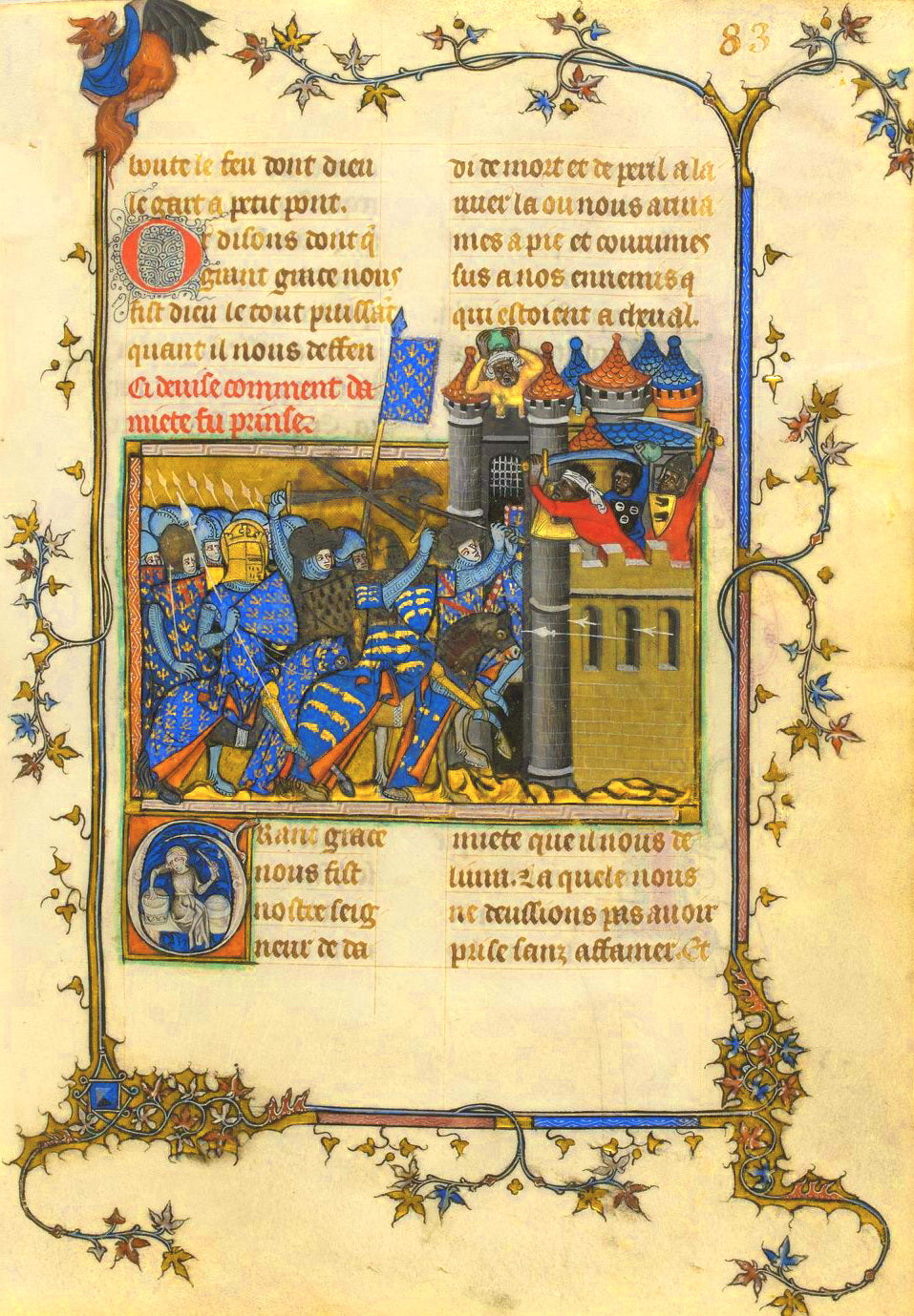 Iluminación medieval que representa al rey Luis IX de Francia a caballo entrando por la puerta de una ciudad junto a caballeros armados.