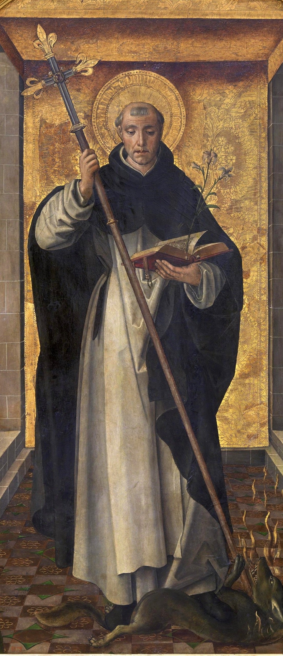 Pintura de Santo Domingo de Guzmán de cuerpo entero con hábito dominico sobre fondo dorado.