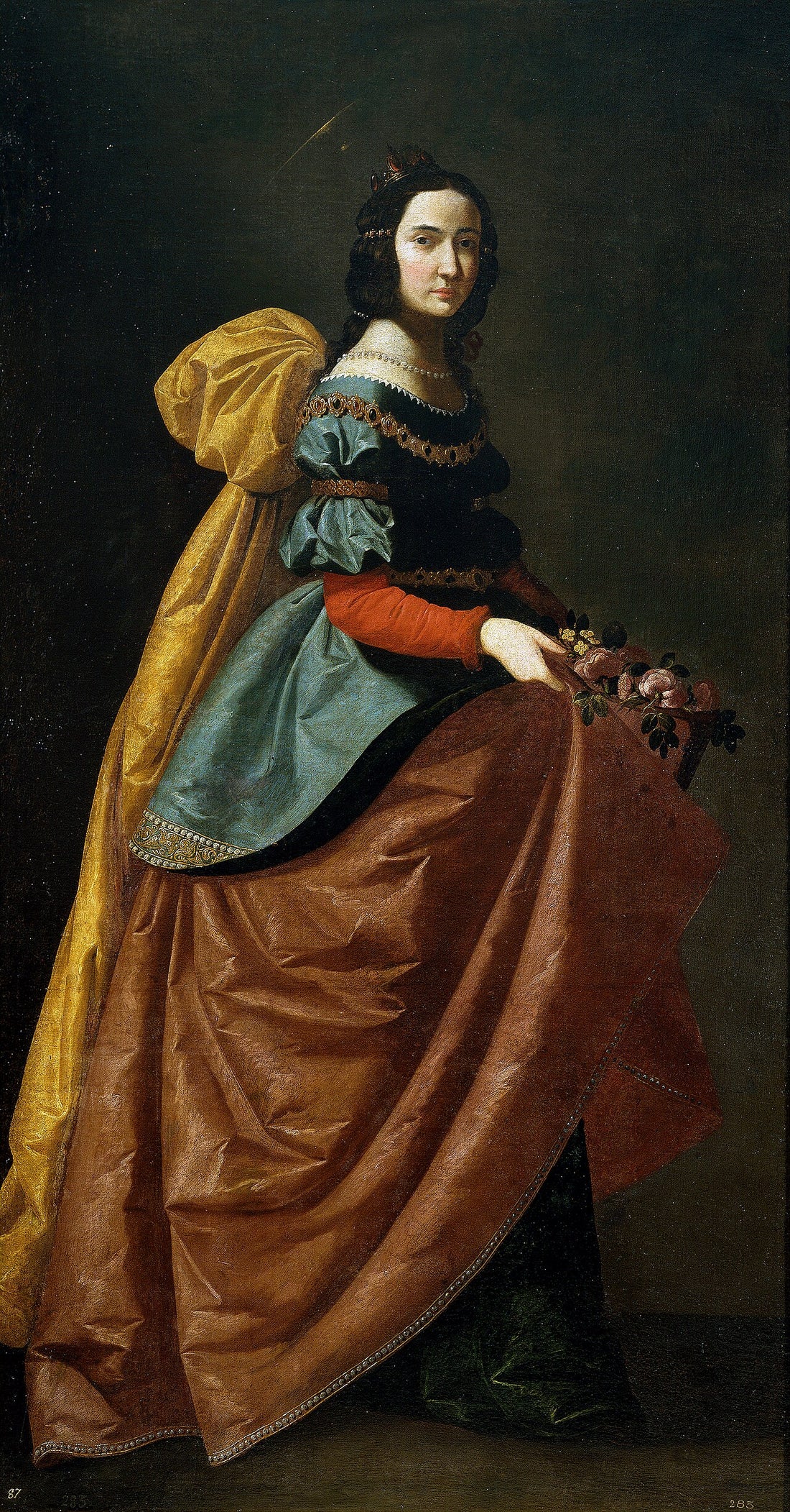 Pintura al óleo de Santa Isabel de Portugal vestida con ropajes de época y sosteniendo flores en su regazo.