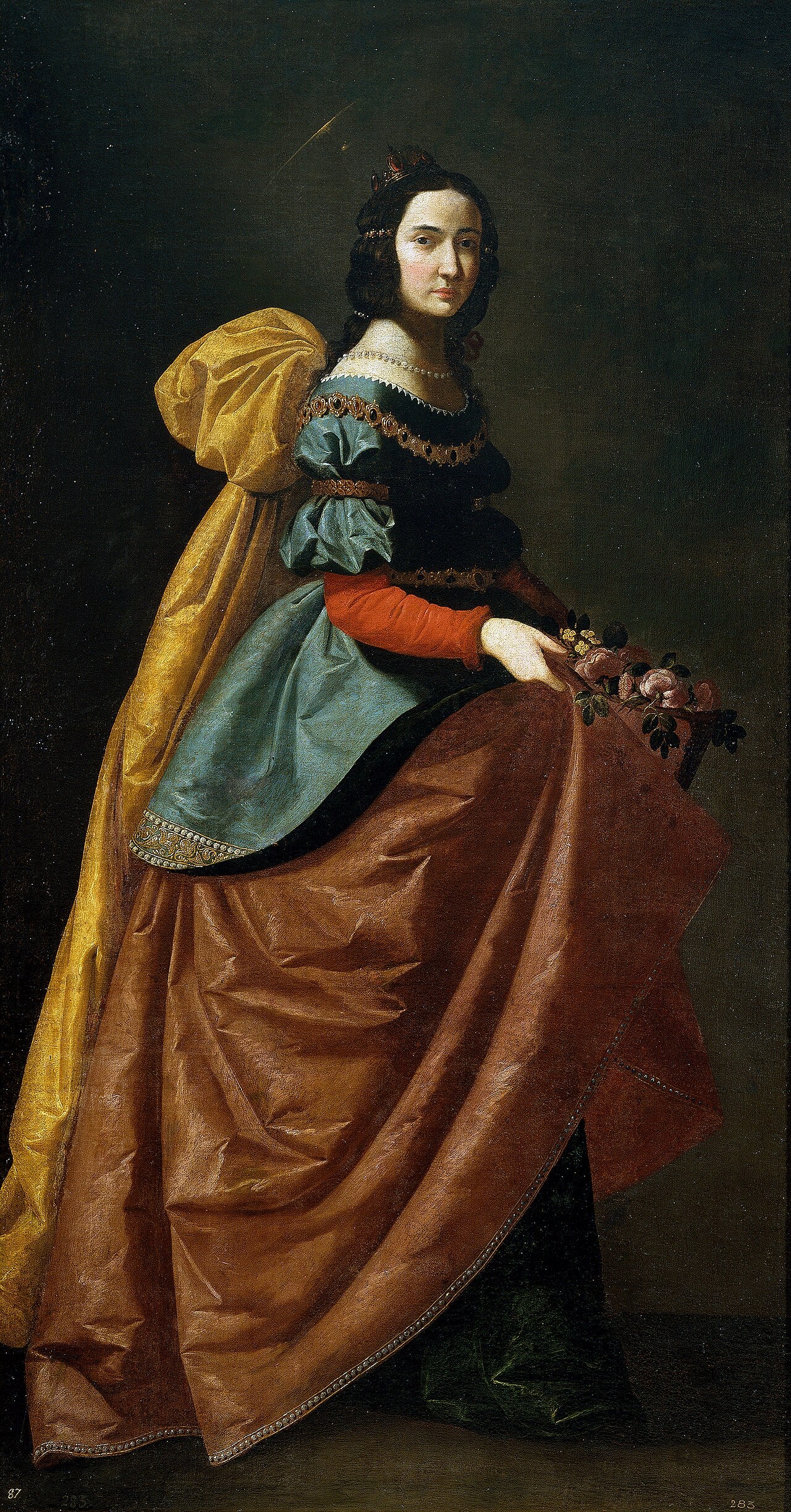 Pintura al óleo de Santa Isabel de Portugal vestida con ropajes de época y sosteniendo flores en su regazo.
