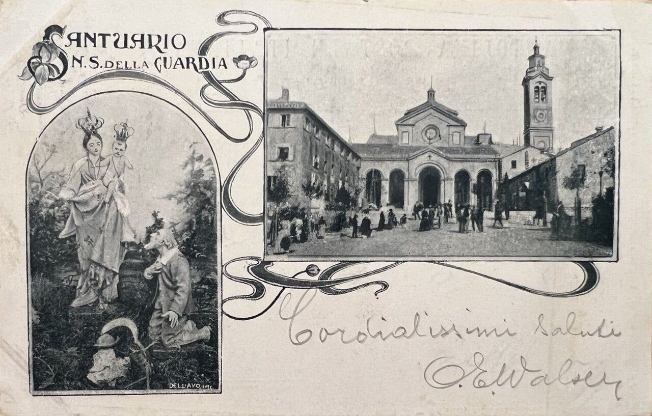 Postal histórica de 1901 que muestra el Santuario de Nostra Signora della Guardia en Ceranesi.
