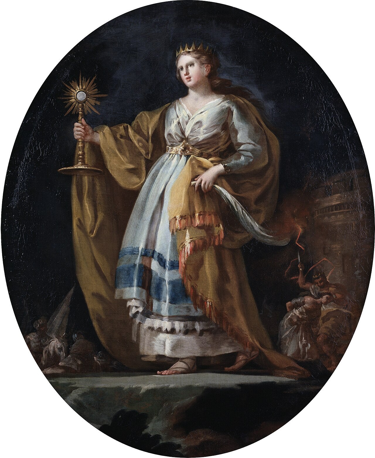 Pintura que representa a Santa Bárbara de cuerpo entero, sosteniendo la palma del martirio y una custodia, con un fondo de paisaje y una torre.