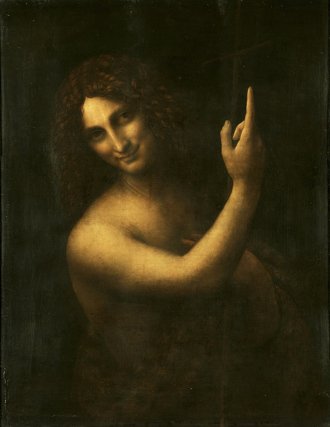 Pintura de San Juan Bautista emergiendo de un fondo oscuro, sosteniendo una cruz de caña y señalando hacia arriba con su mano derecha.