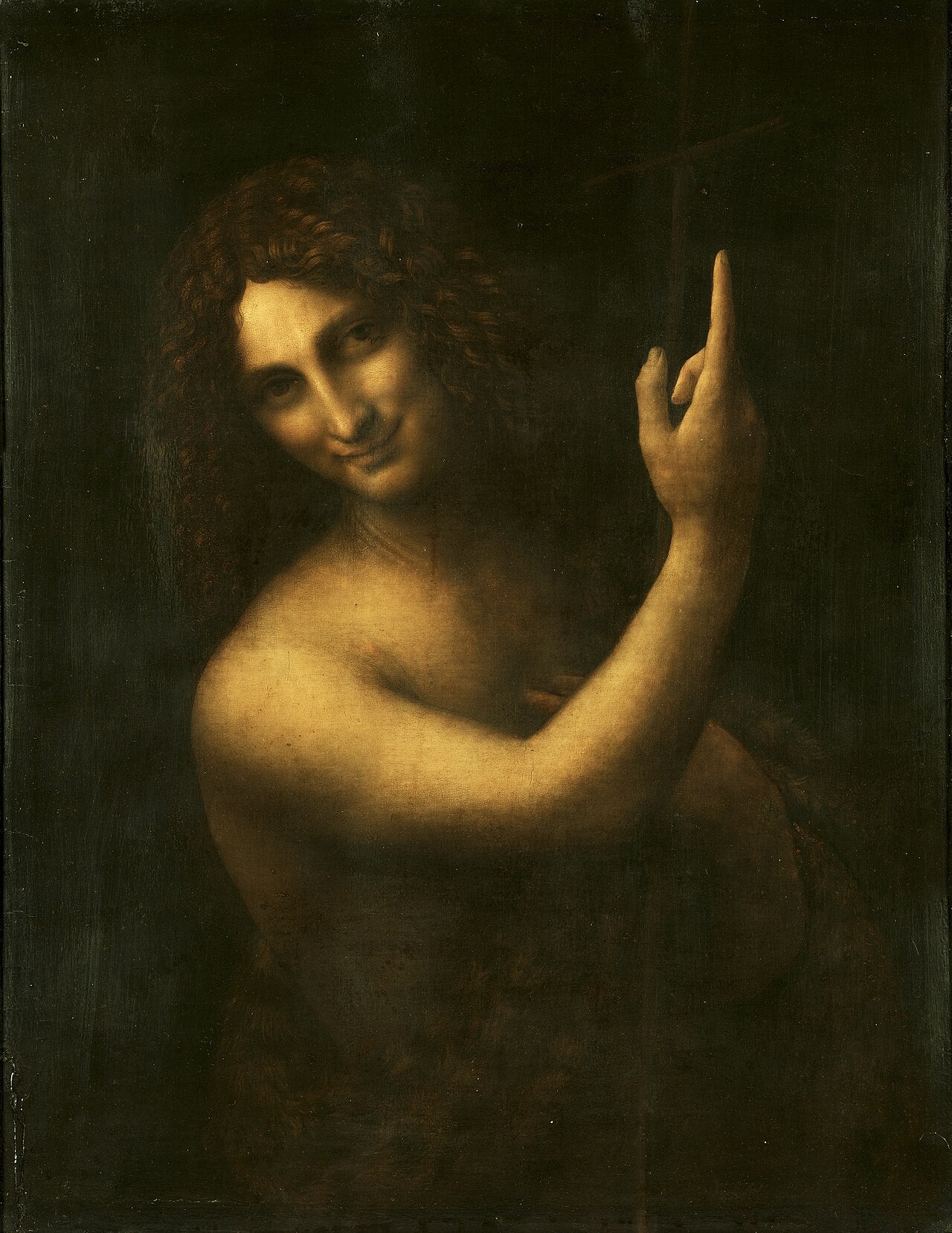 Pintura de San Juan Bautista emergiendo de un fondo oscuro, sosteniendo una cruz de caña y señalando hacia arriba con su mano derecha.