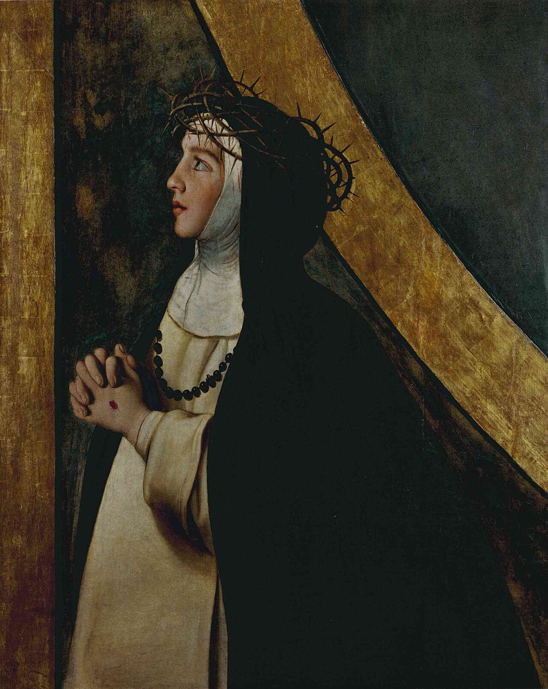 Pintura de Santa Catalina de Siena con hábito religioso dominico, velo blanco y manto negro.