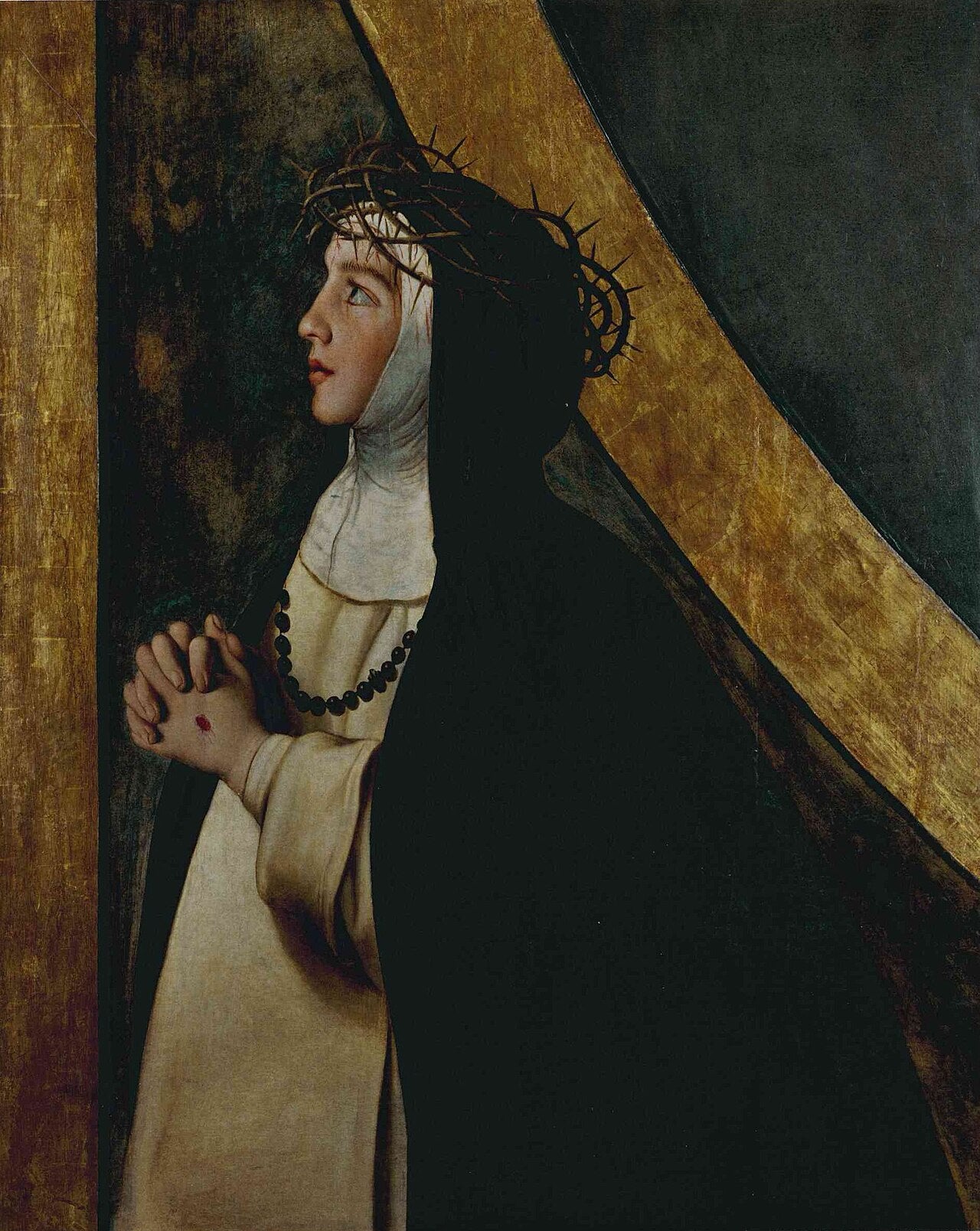 Pintura de Santa Catalina de Siena con hábito religioso dominico, velo blanco y manto negro.