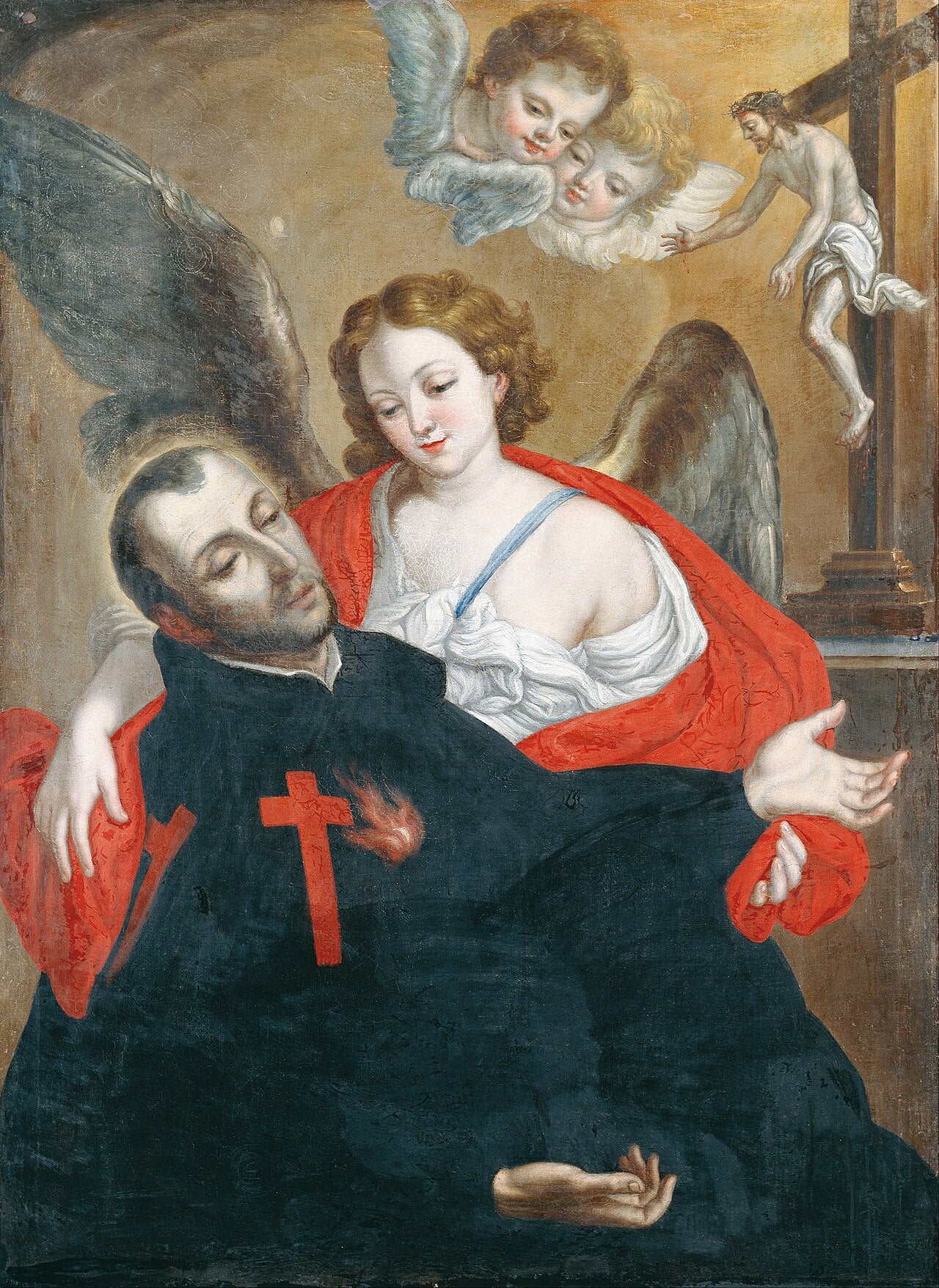 Pintura que representa el éxtasis de San Camilo de Lelis con ángeles y crucifijo.