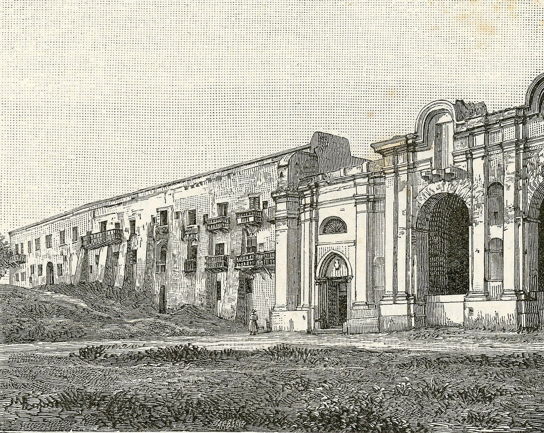 Xilografía histórica que muestra la vista panorámica del convento e iglesia de Bonaria en Cagliari.