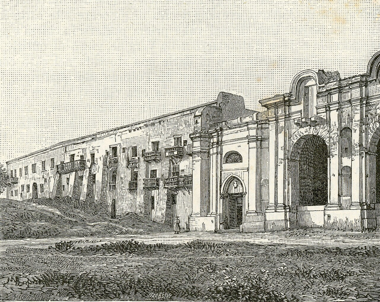 Xilografía histórica que muestra la vista panorámica del convento e iglesia de Bonaria en Cagliari.