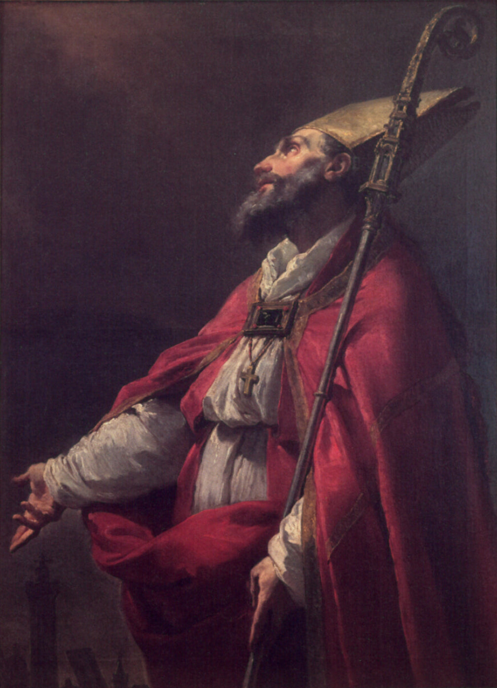 Pintura de San Petronio de Bolonia representado como obispo con mitra y vestiduras litúrgicas.