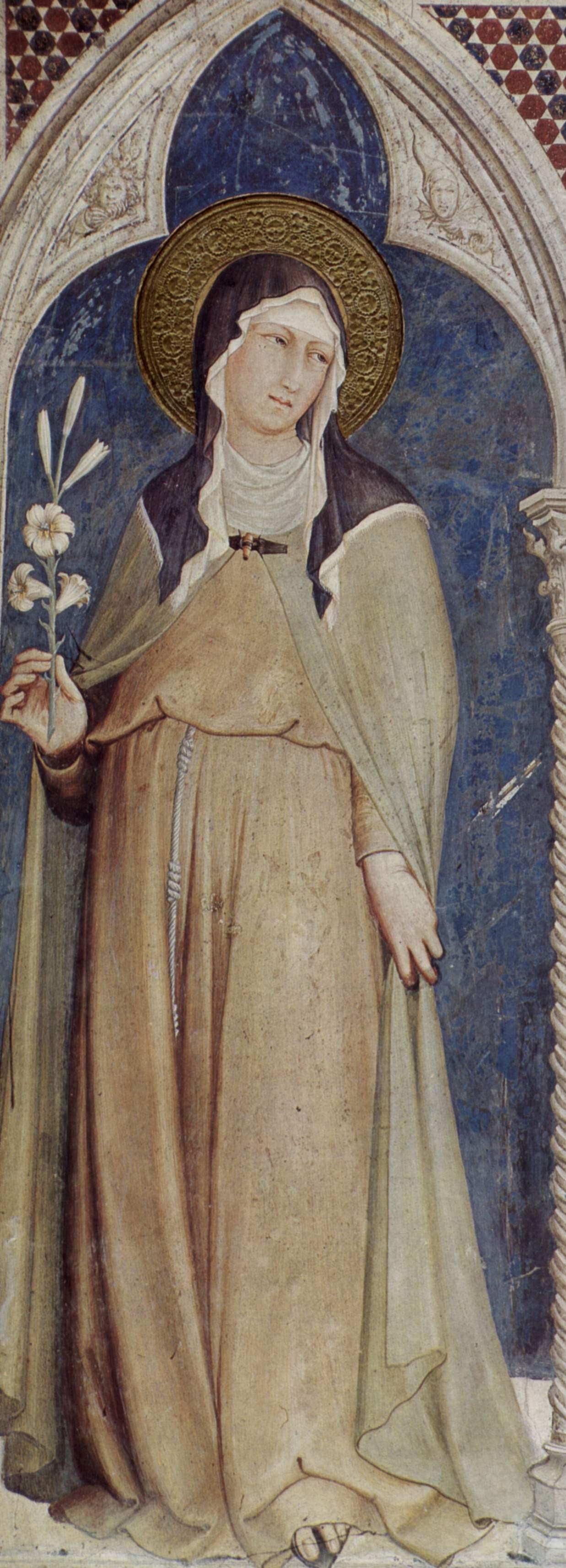 Fresco medieval de Santa Clara de Asís con hábito religioso y nimbo en la Basílica Inferior de Asís