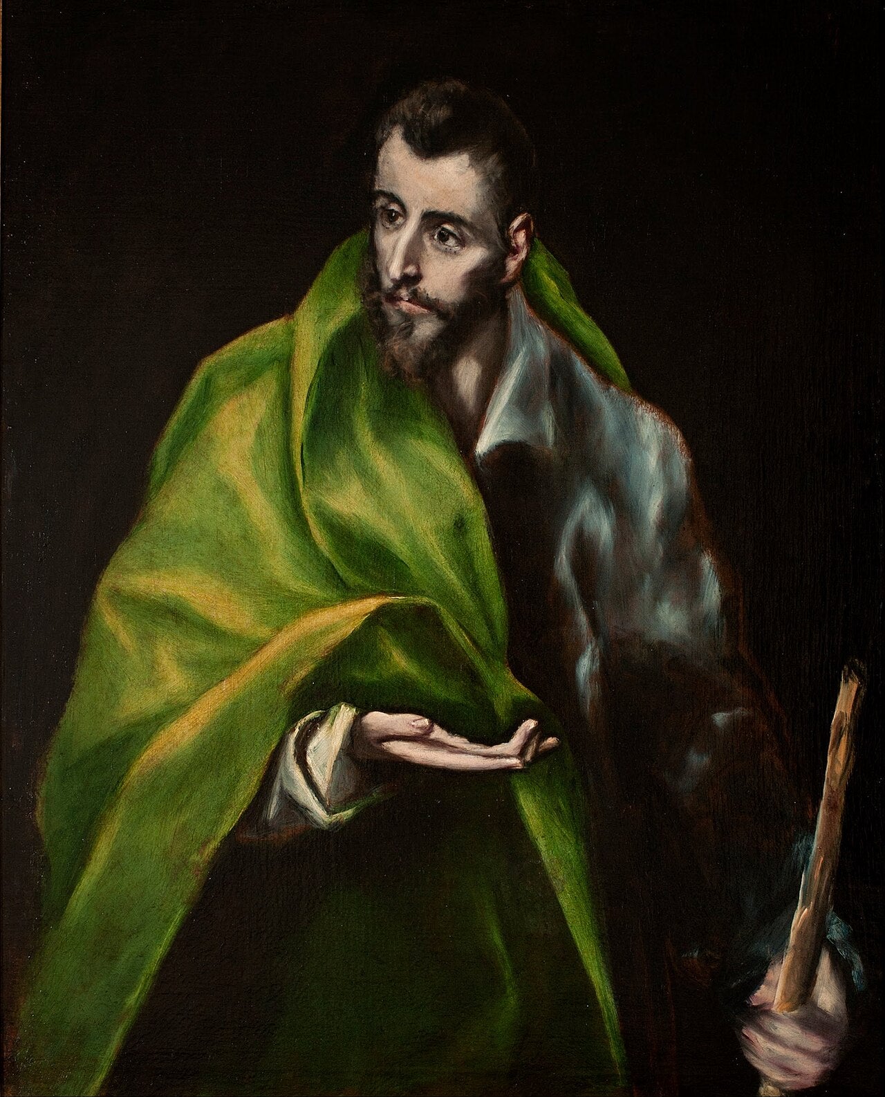 Pintura al óleo de Santiago el Mayor de medio cuerpo con túnica y manto sobre fondo neutro.