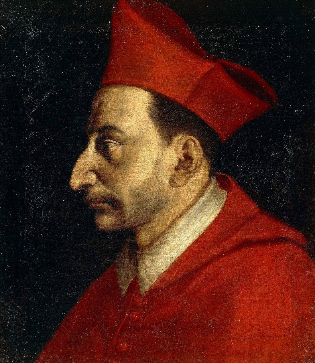 Retrato de San Carlos Borromeo de perfil vistiendo hábito eclesiástico y muceta sobre un fondo neutro.