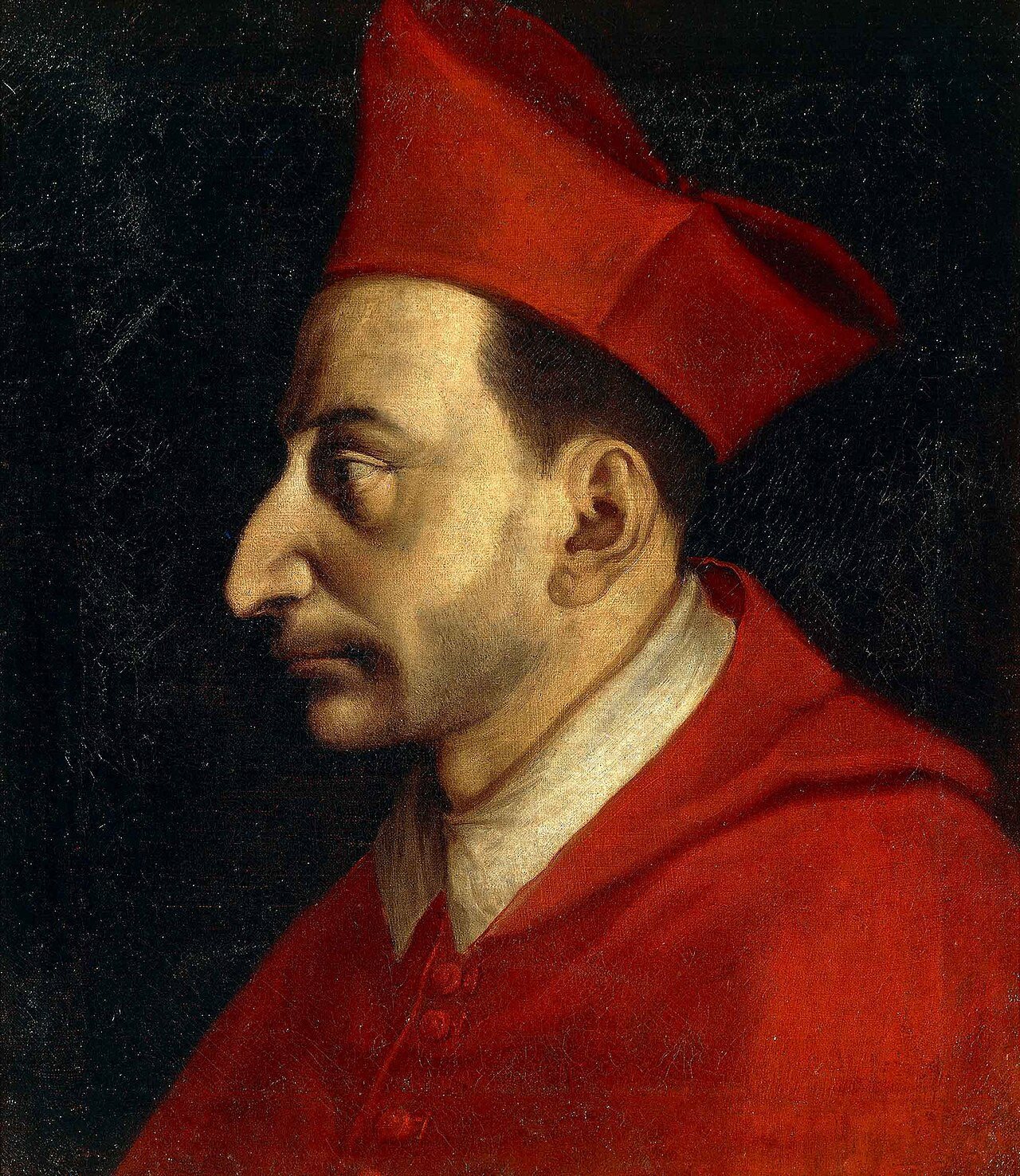 Retrato de San Carlos Borromeo de perfil vistiendo hábito eclesiástico y muceta sobre un fondo neutro.