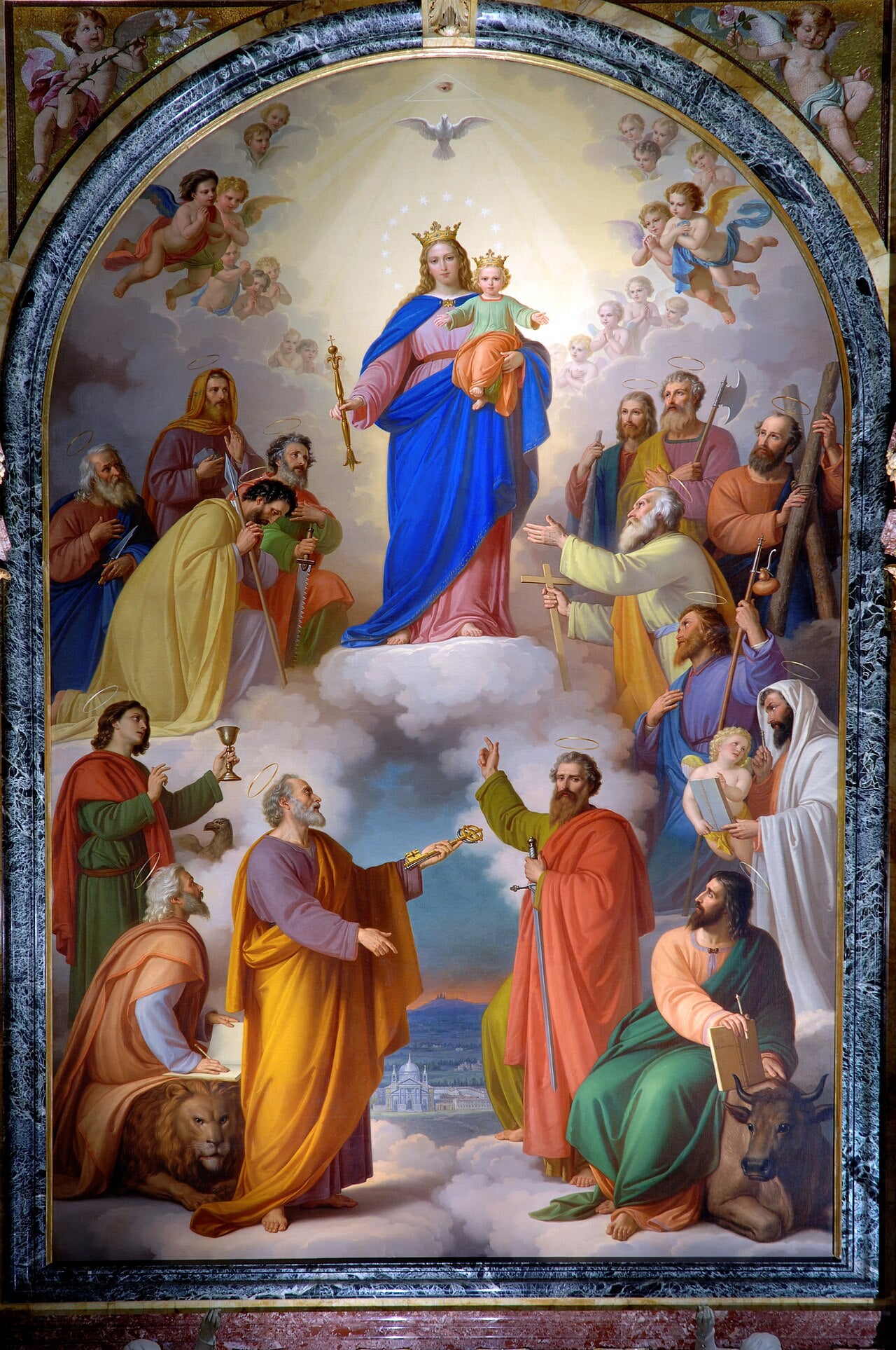 Pintura de María Auxiliadora con el Niño Jesús, rodeada de ángeles y santos, ubicada en la Basílica de Turín.
