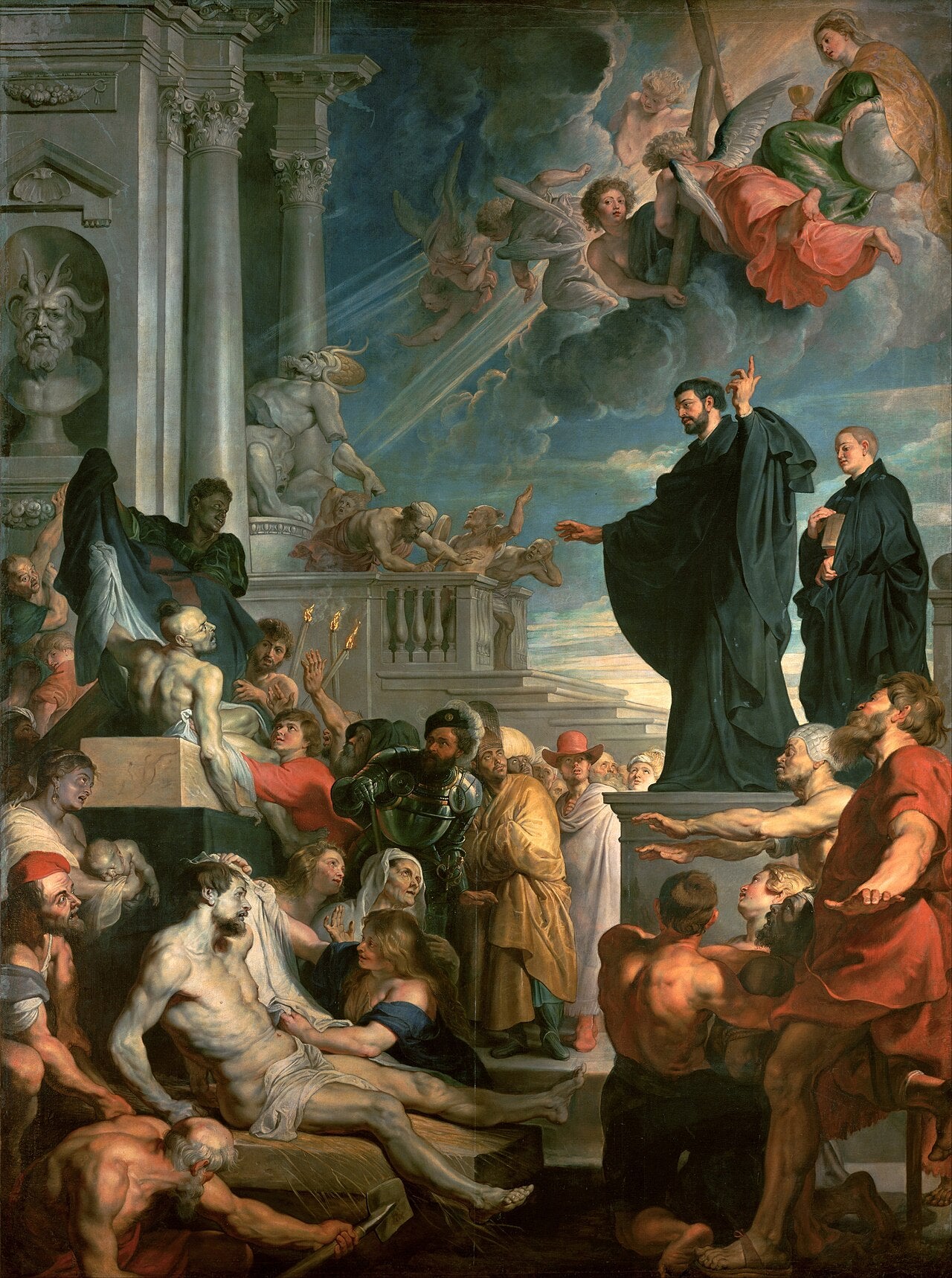 Pintura al óleo barroca que representa los milagros de san Francisco Javier, rodeado de fieles y figuras celestiales.