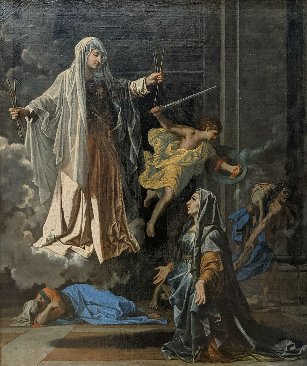 Pintura de Nicolas Poussin que representa la visión de Santa Francisca Romana con figuras celestiales y terrenales.