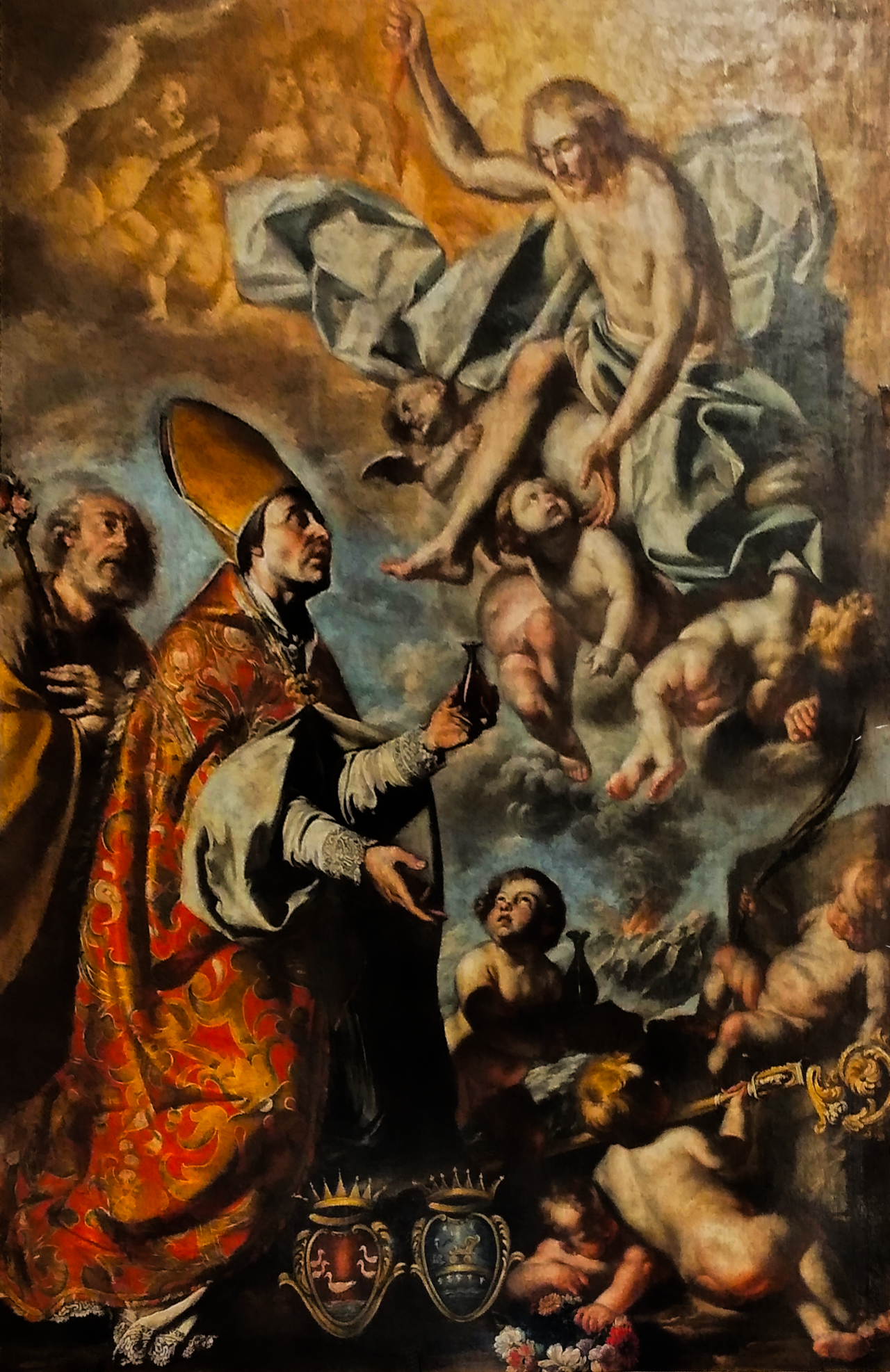 Pintura al óleo sobre tela que representa a San Genaro intercediendo para detener la erupción del Vesubio.