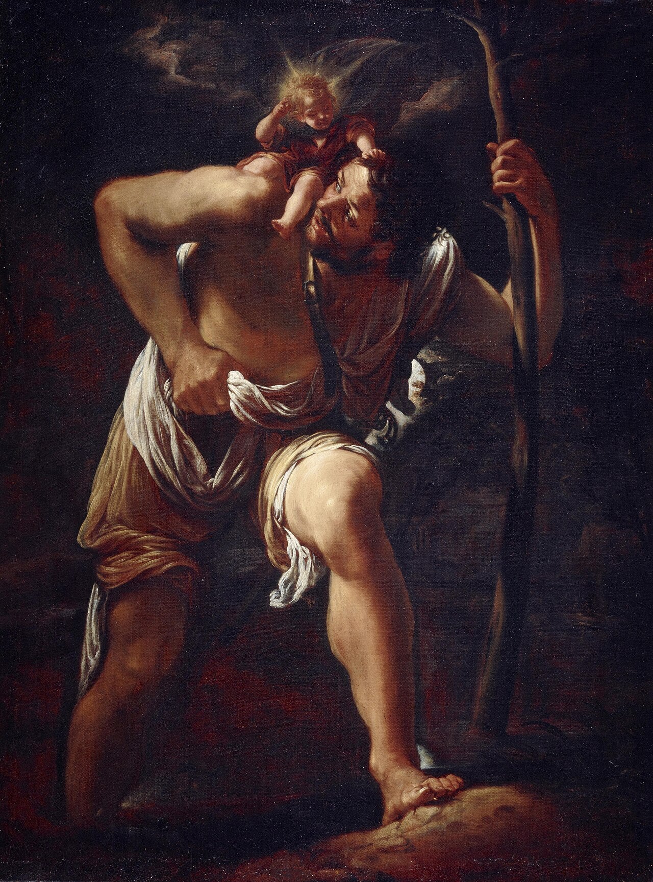 Pintura que representa a San Cristóbal caminando apoyado en un bastón mientras lleva al Niño Jesús sobre sus hombros.
