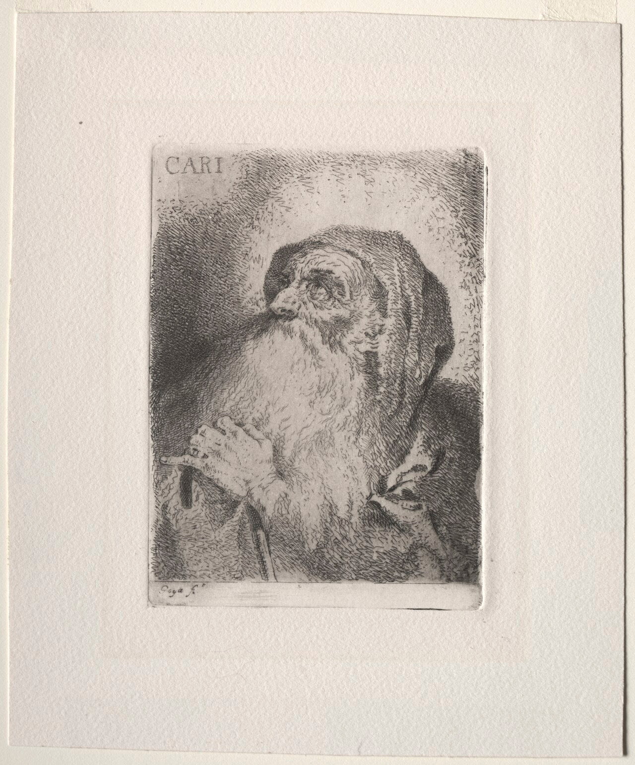 Pintura al óleo que representa a San Francisco de Paula como un fraile anciano con hábito oscuro y capucha, sosteniendo un bastón y mirando hacia un resplandor luminoso con la palabra Caritas.