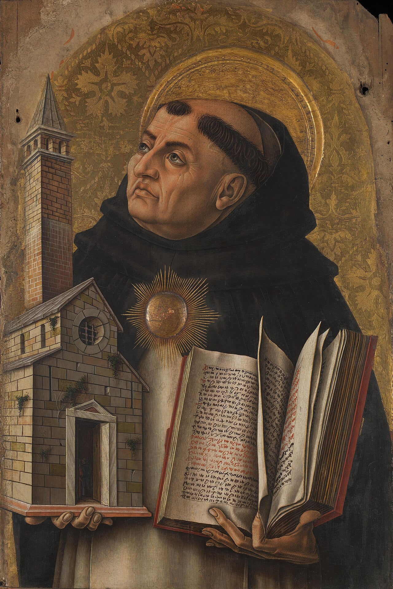 Pintura de Santo Tomás de Aquino sosteniendo un libro y el modelo de una iglesia, con rayos que emanan de su pecho.