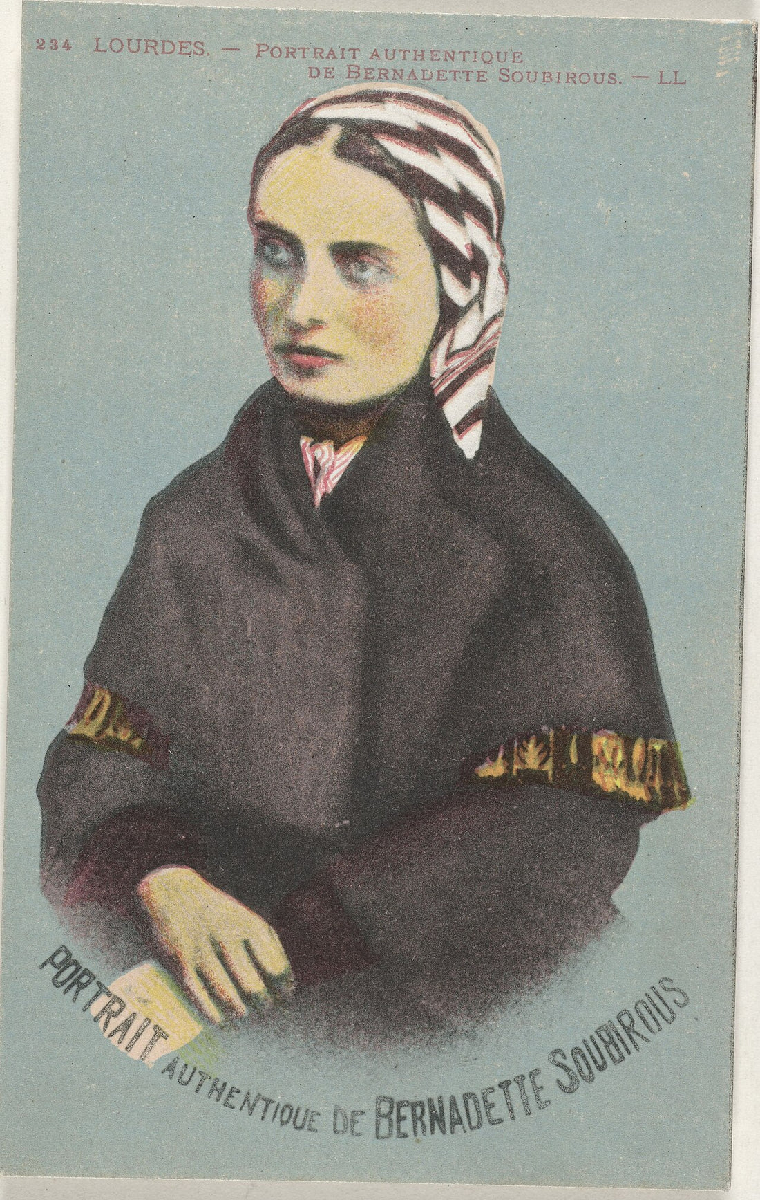 Retrato fotográfico coloreado a mano de Santa Bernardita Soubirous (Marie-Bernard de Lourdes) vestida con hábito religioso.