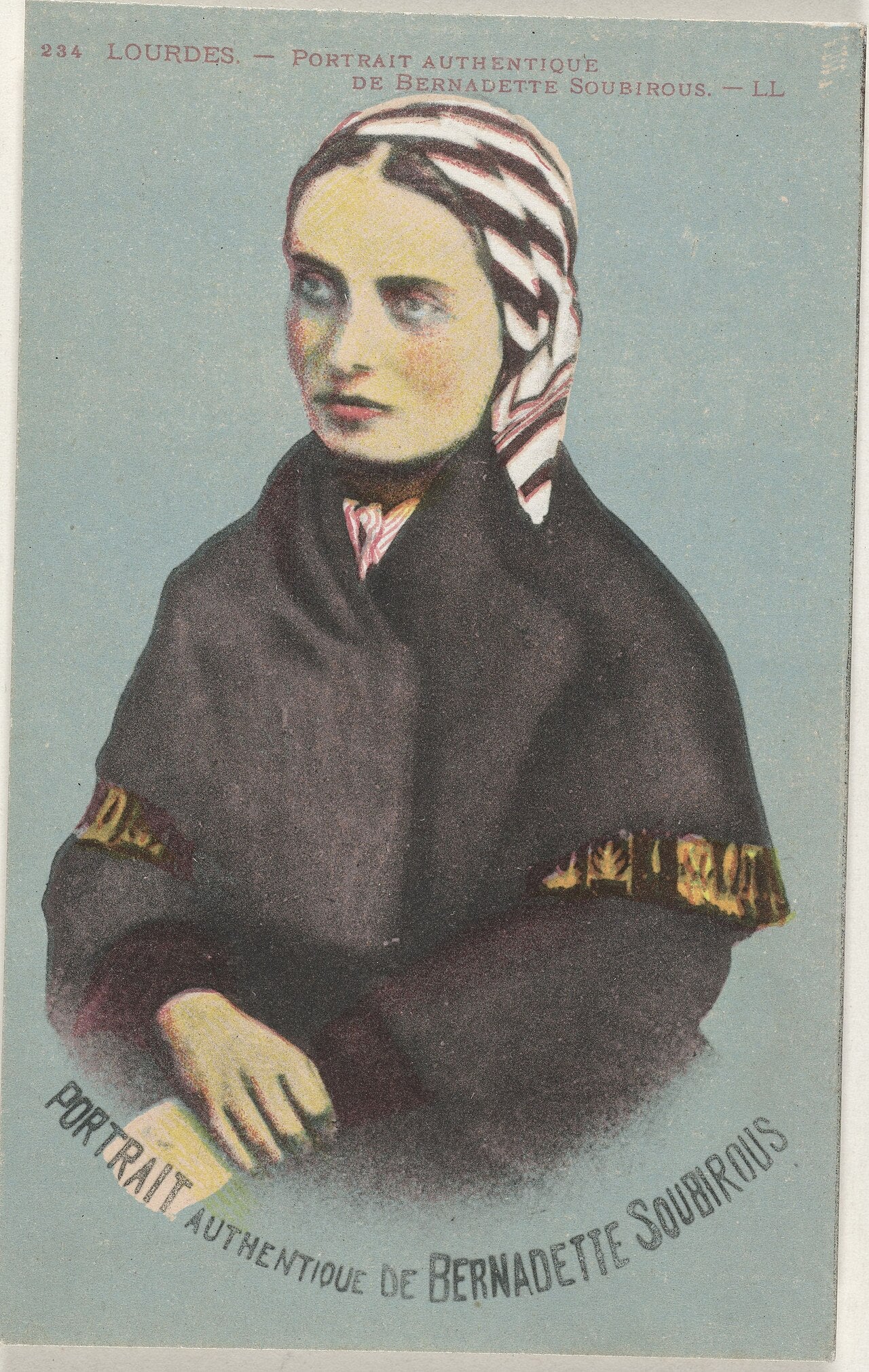 Retrato fotográfico coloreado a mano de Santa Bernardita Soubirous (Marie-Bernard de Lourdes) vestida con hábito religioso.