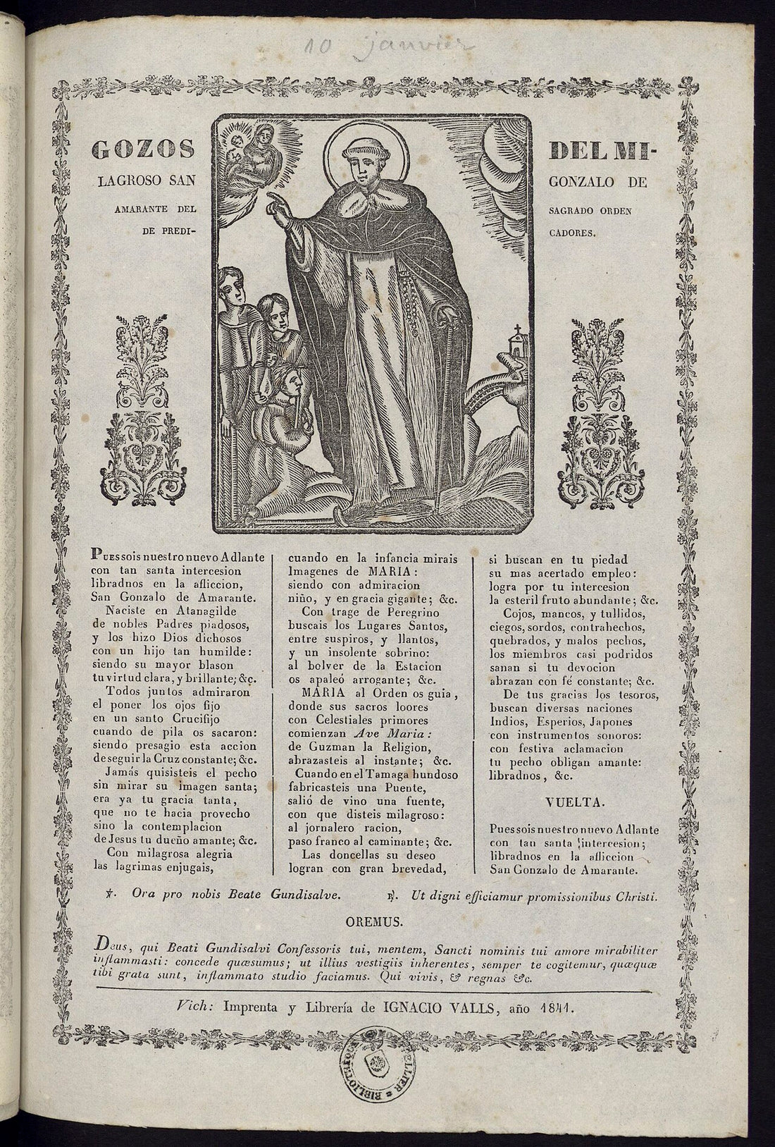 Grabado devocional impreso de los gozos dedicados a San Gonzalo de Amarante de la Orden de Predicadores con texto e ilustración religiosa.