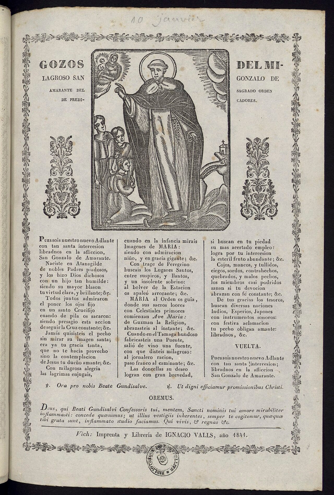 Grabado devocional impreso de los gozos dedicados a San Gonzalo de Amarante de la Orden de Predicadores con texto e ilustración religiosa.