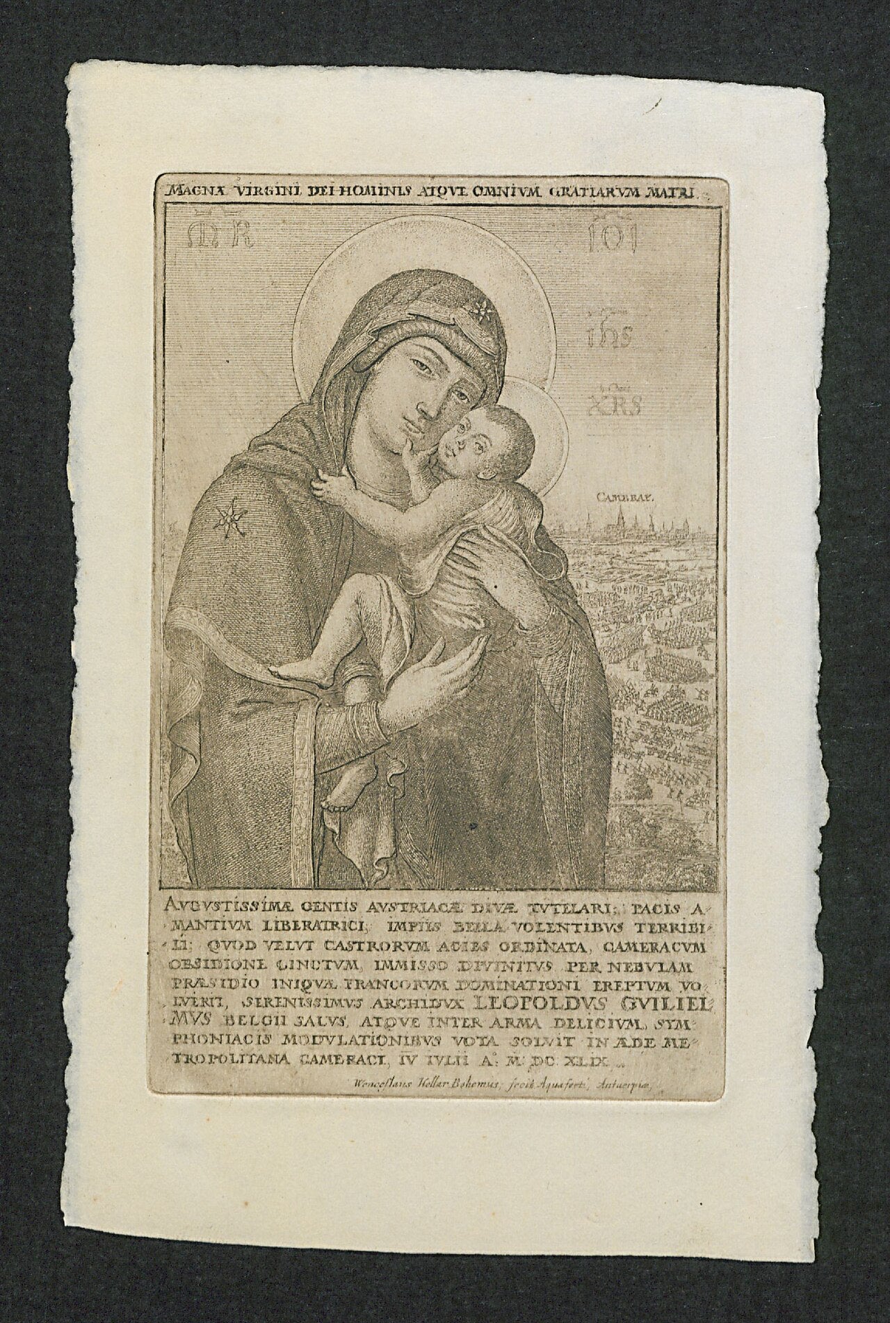 Grabado de la Virgen María con el Niño Jesús titulado Notre-dame de Grâce à Cambrai.