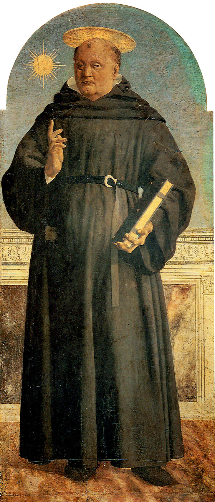 Pintura sobre tabla que representa a San Nicolás de Tolentino con hábito oscuro, sosteniendo un libro cerrado y una vara cruciforme.