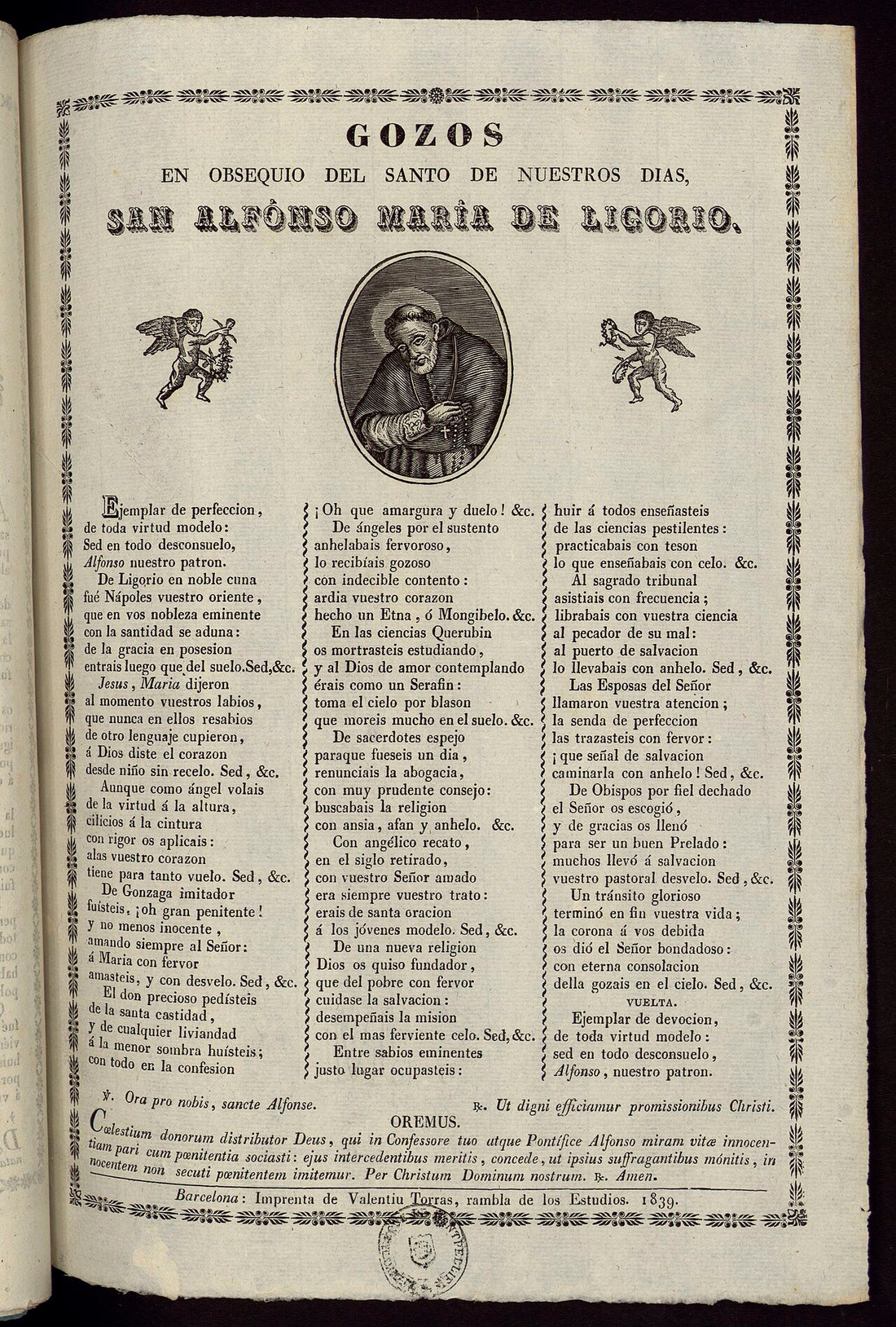 Grabado impreso con la imagen devocional de San Alfonso María de Ligorio y texto de gozos religiosos.