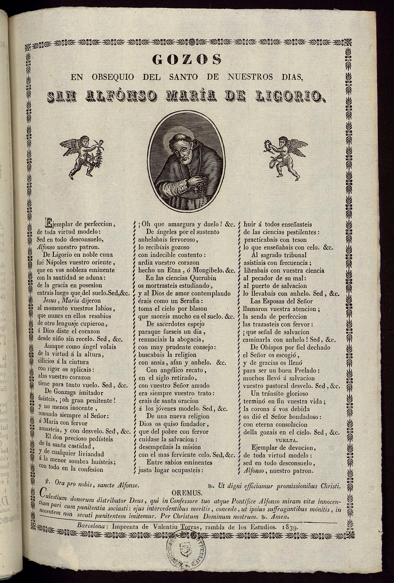 Grabado impreso con la imagen devocional de San Alfonso María de Ligorio y texto de gozos religiosos.