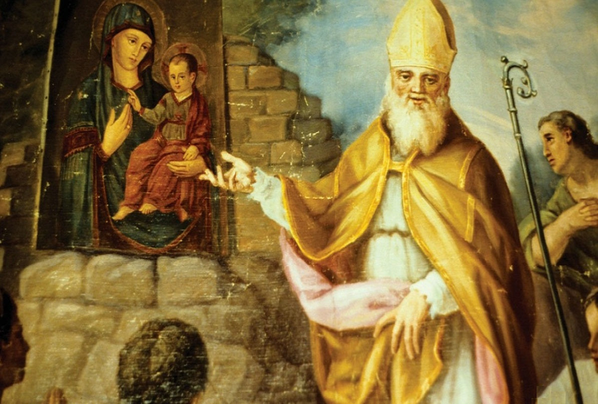 Pintura histórica que representa a San Máximo mostrando el icono de la Consolata al pueblo de Turín.