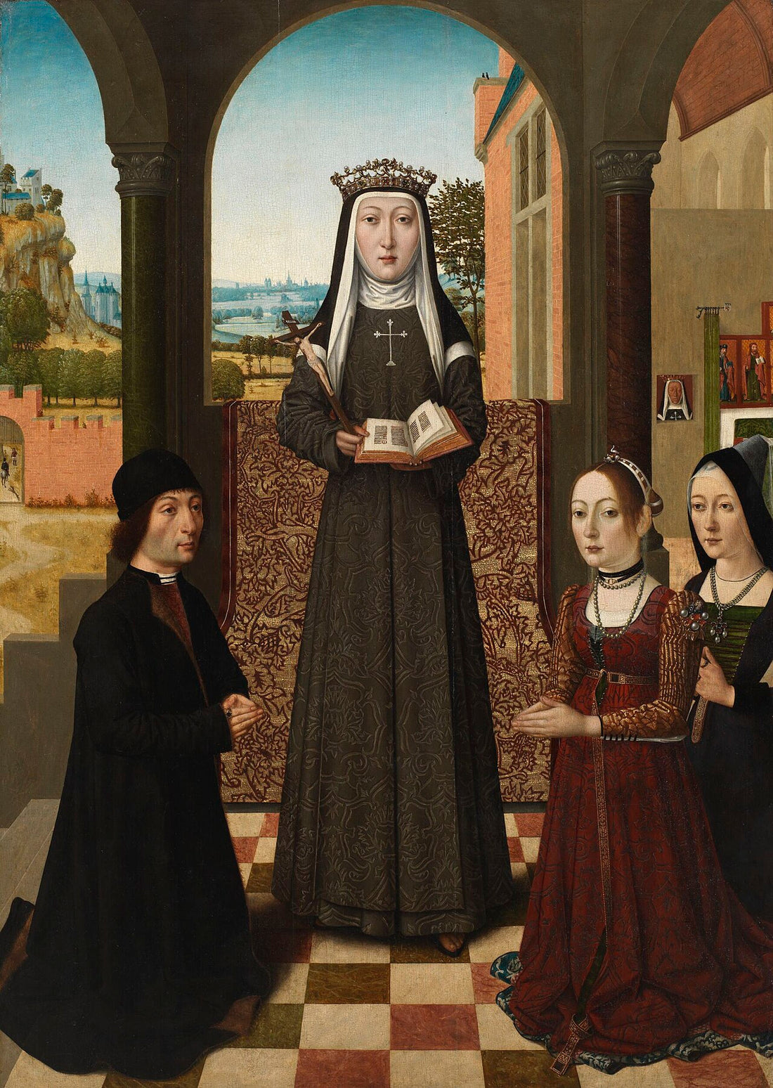 Pintura que representa a Santa Catalina de Bolonia junto a tres donantes.